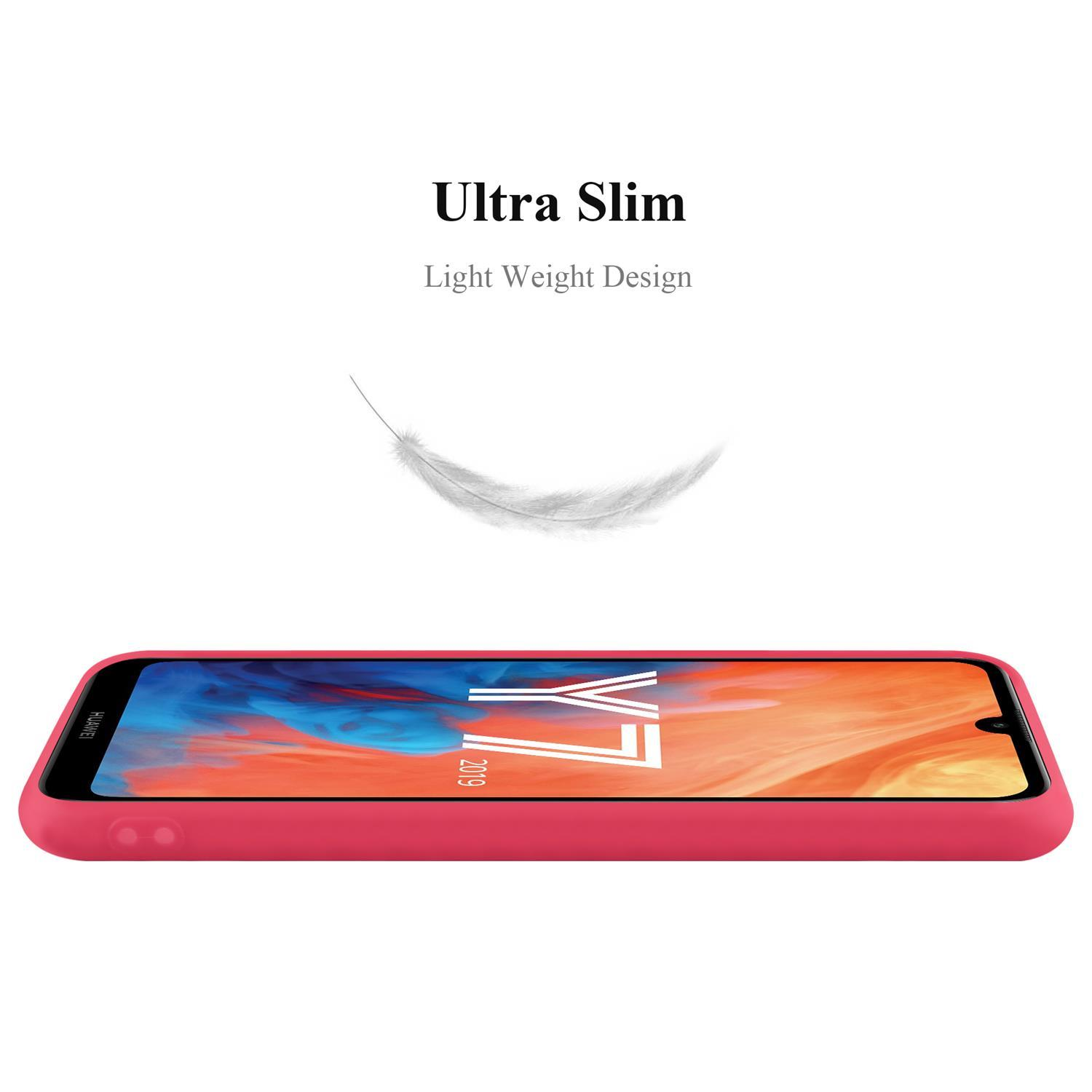 Una custodia per telefono rossa con un telefono all'interno, con il testo 'Y7 2019'. Una piuma è sopra.