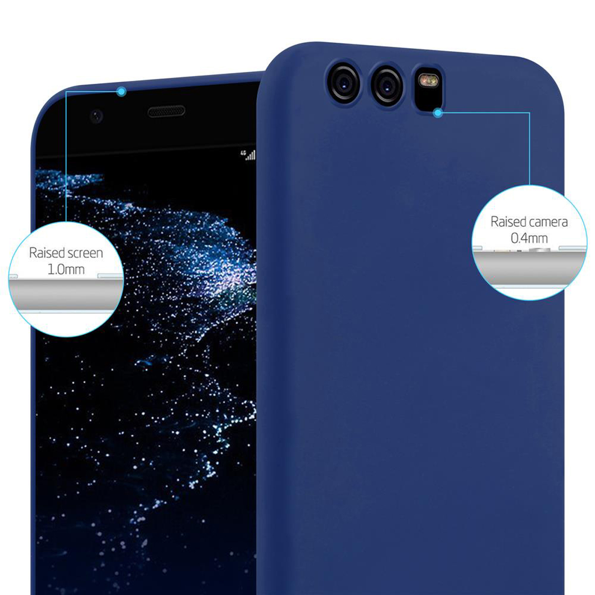 Primer plano de una funda azul, destacando las características elevadas de pantalla y cámara.
