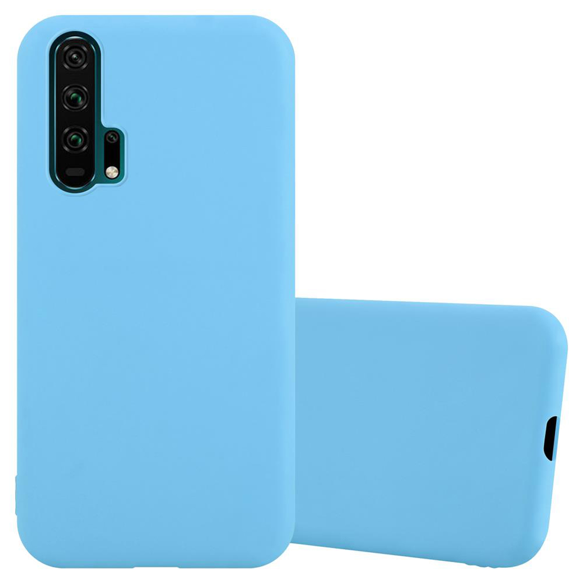 Due custodie blu per telefono. Una in piedi, una sdraiata. Entrambe hanno ritagli per la fotocamera.