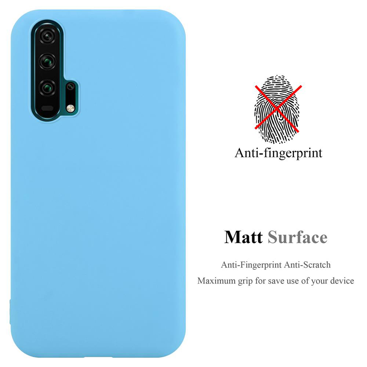 Custodia per telefono azzurra con testo: Anti-impronta, Superficie opaca. Sfondo: bianco. Custodia isolata.