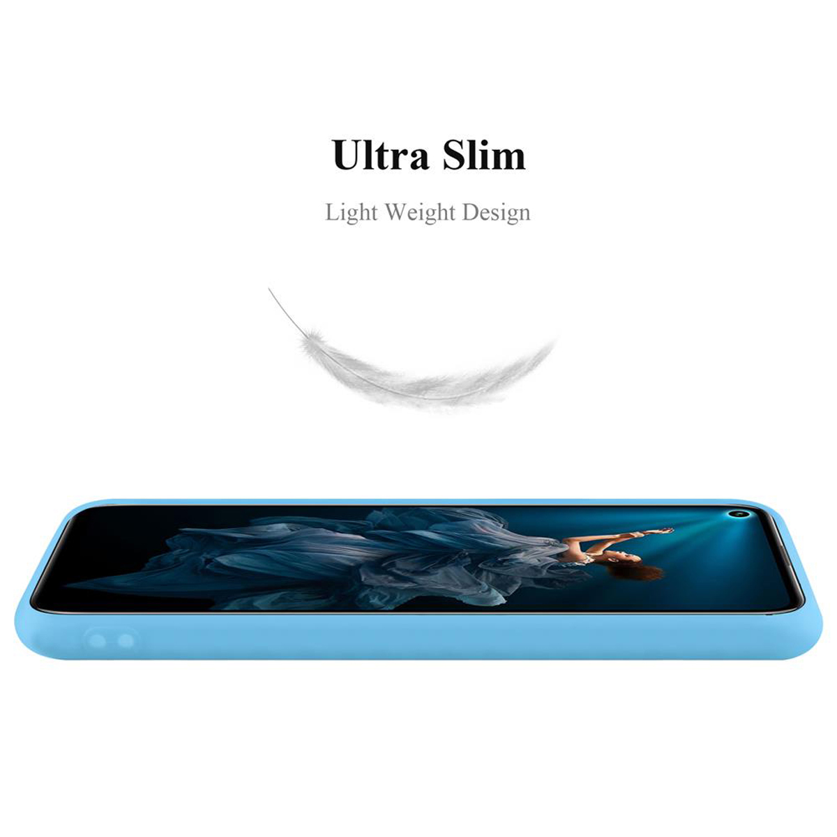 Custodia per telefono blu con telefono all'interno. Il testo recita "Ultra Slim" e "Light Weight Design".