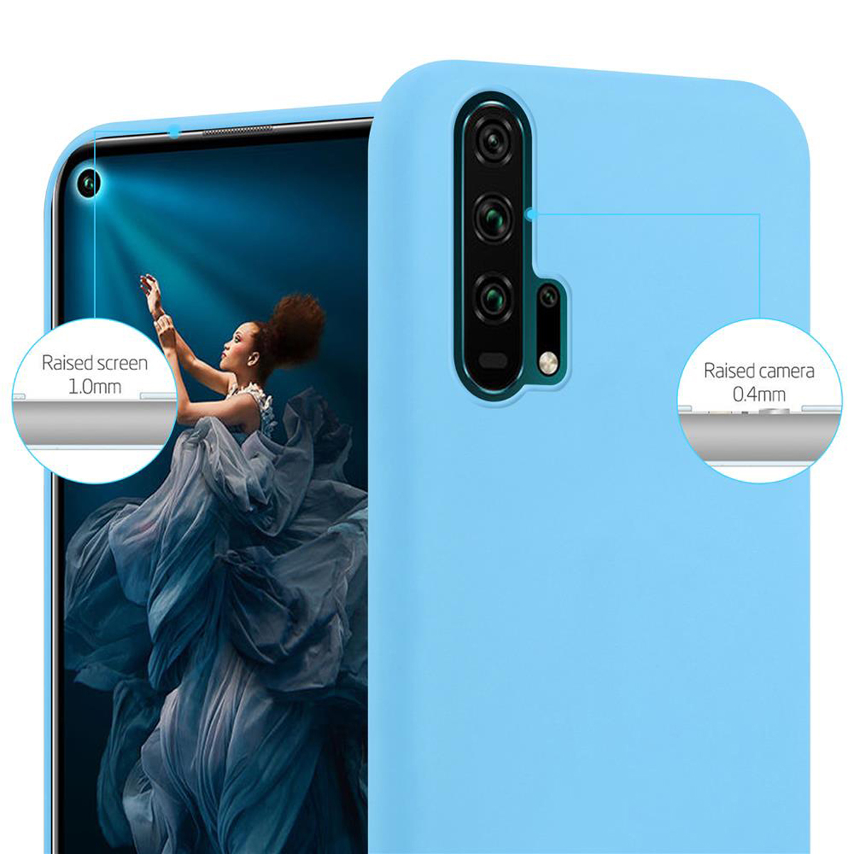 Custodia per telefono azzurra con dettagli schermo e fotocamera rialzati. Una donna è sullo sfondo con il braccio alzato.