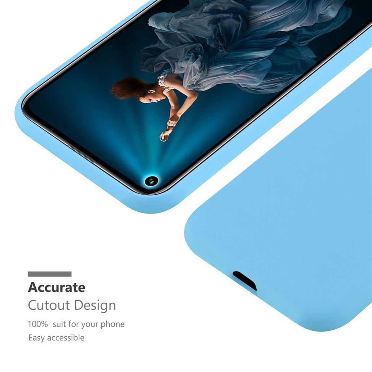 Custodia per telefono azzurra, che mostra lo schermo di un telefono con una donna in un vestito. Design preciso.