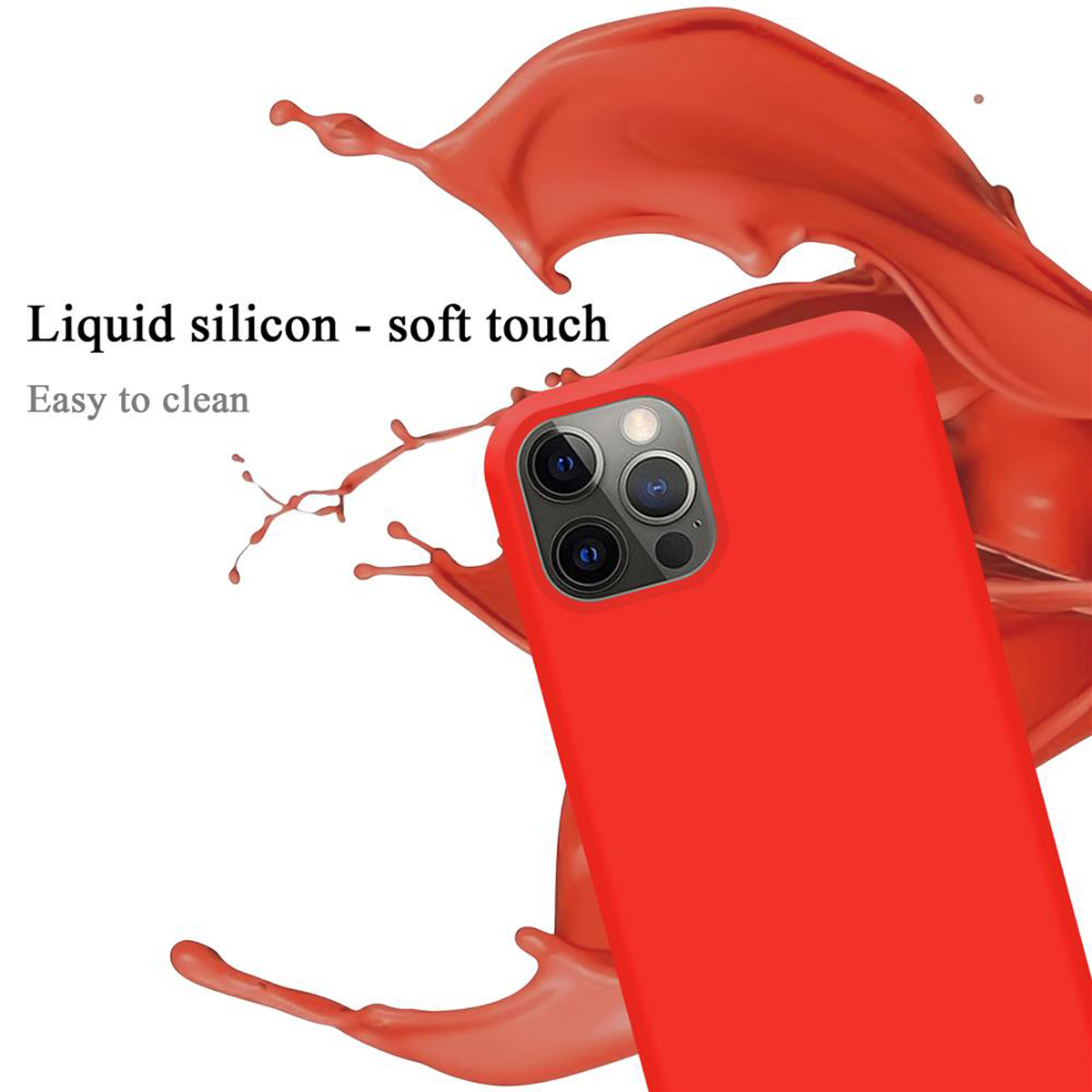 Rote Handyhülle, Flüssigkeitsspritzer. Weißer Hintergrund, Nahaufnahme, Soft-Touch.