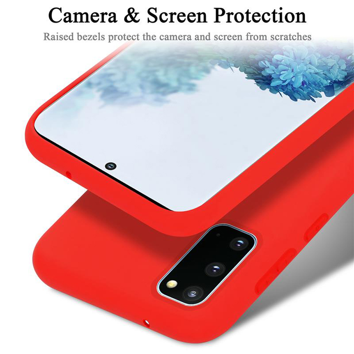 Due custodie per telefono rosse, una sopra l'altra. Testo: 'Protezione fotocamera e schermo.'