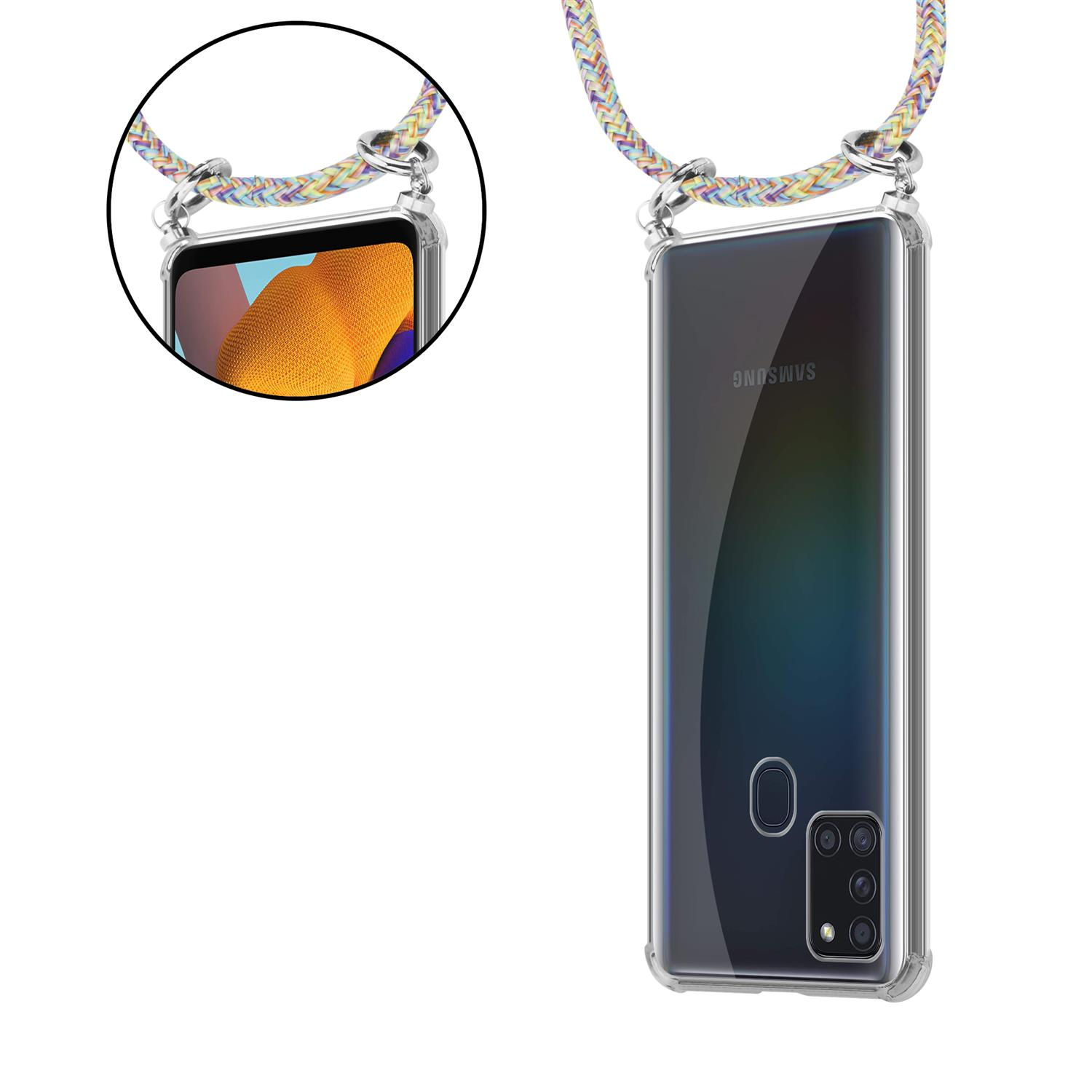 Custodia per telefono trasparente con cordino colorato. Il telefono è visibile e ha un cinturino colorato. Isolato su bianco.