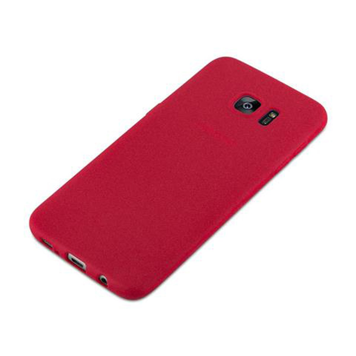 Custodia rossa per telefono con fotocamera e due piccoli fori sul fondo. La custodia è su una superficie bianca.