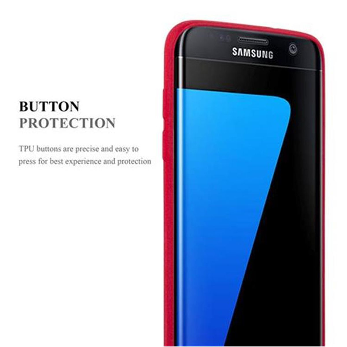 Primo piano di una custodia rossa per telefono. Il testo dice 'Button Protection' e 'SAMSUNG'.