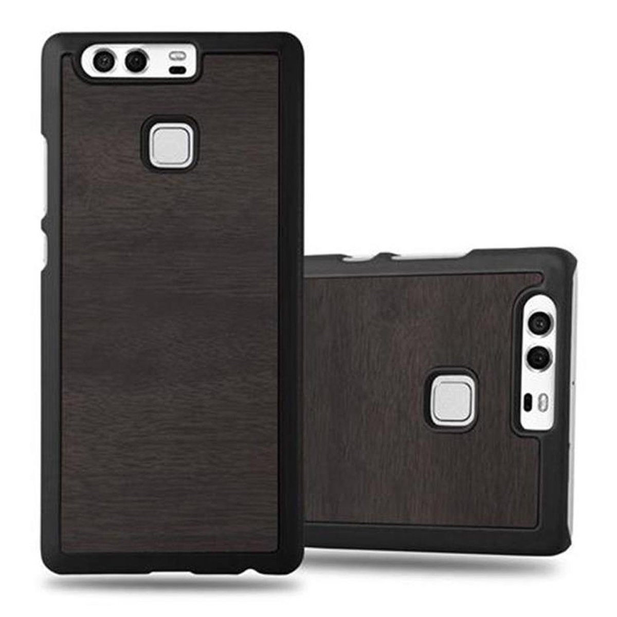 Dos fundas de teléfono marrón oscuro, una vertical, otra tumbada. Ambas tienen una textura de veta de madera y ribete negro.