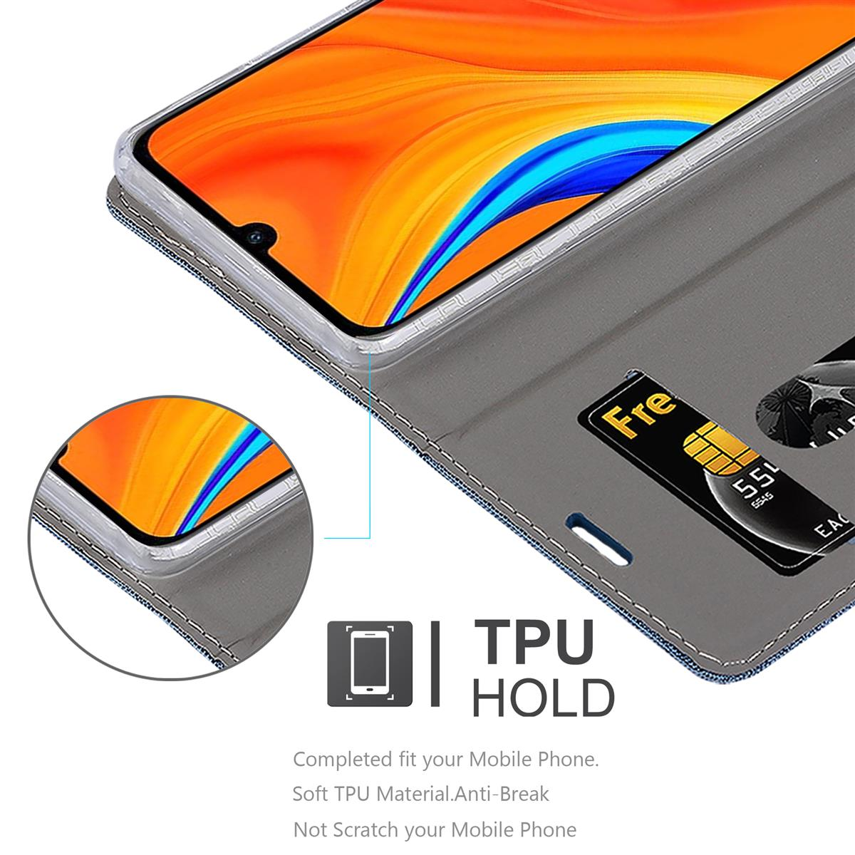 Un telefono all'interno di una custodia a portafoglio. La custodia è grigia con due fessure per carte visibili.