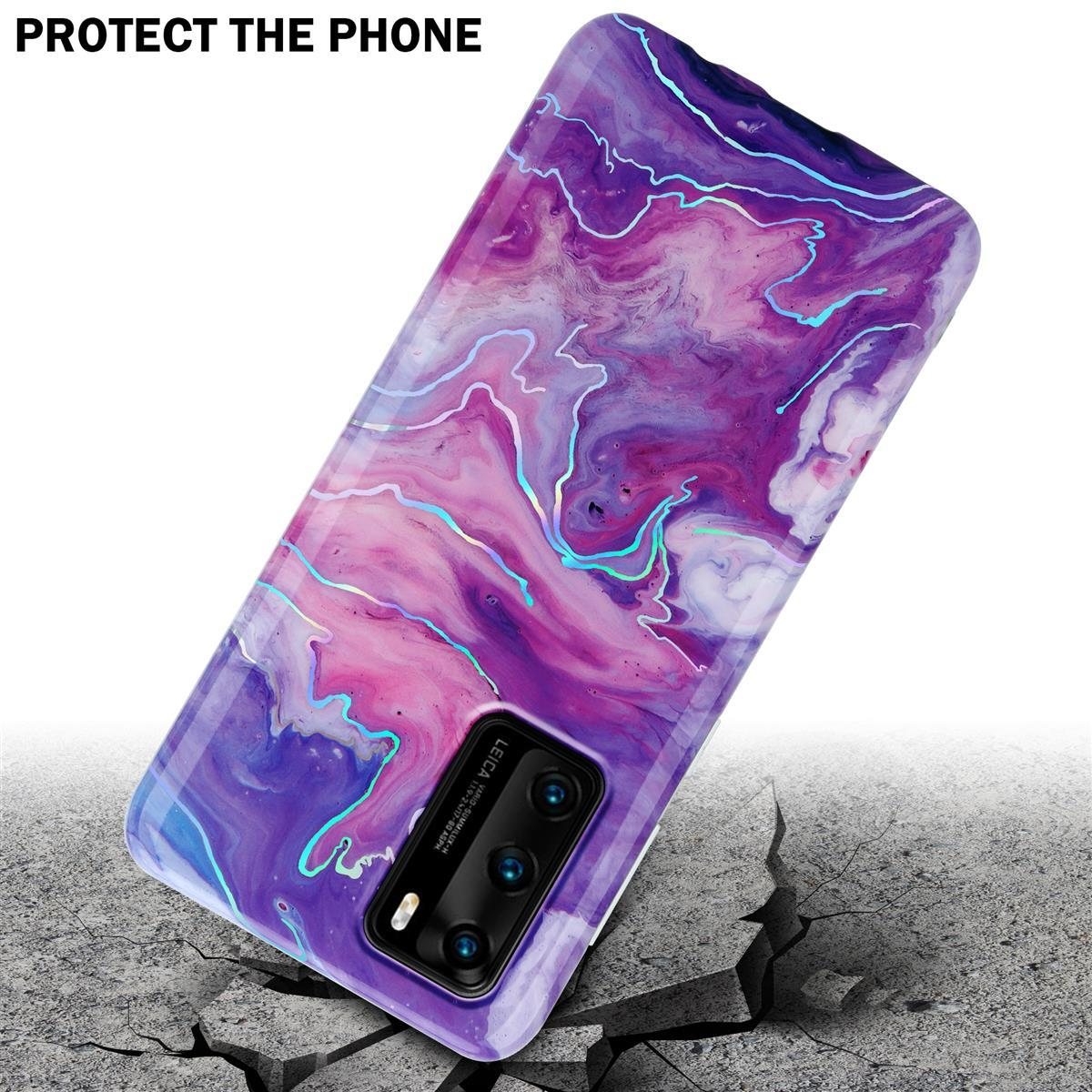 Custodia per telefono viola con un design marmorizzato. La custodia è su una superficie incrinata.