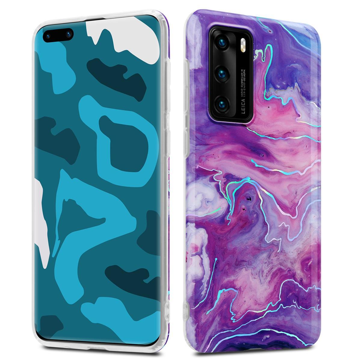 Due custodie per telefono con design artistici: una con mimetico blu, l'altra con marmo viola, entrambe con dettagli della fotocamera.