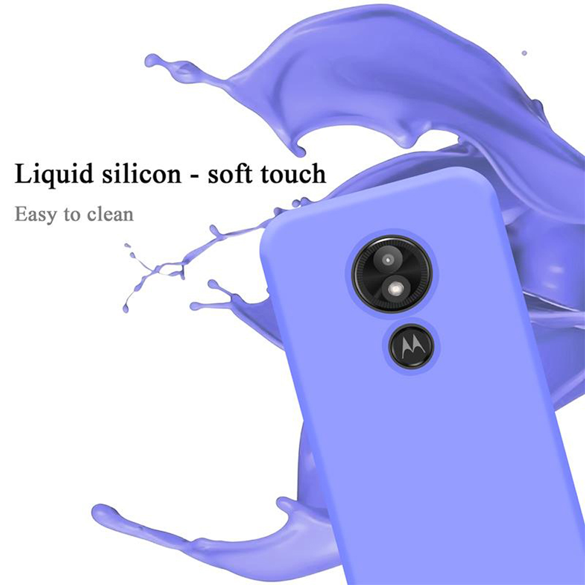 Telefono Motorola in custodia viola. Sfondo di schizzi di liquido viola. Testo: facile da pulire, tocco morbido.