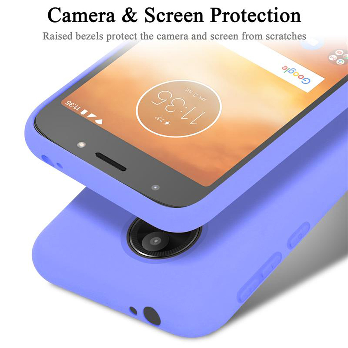 Una custodia blu con un telefono dentro. Lo schermo mostra la barra di ricerca di Google.