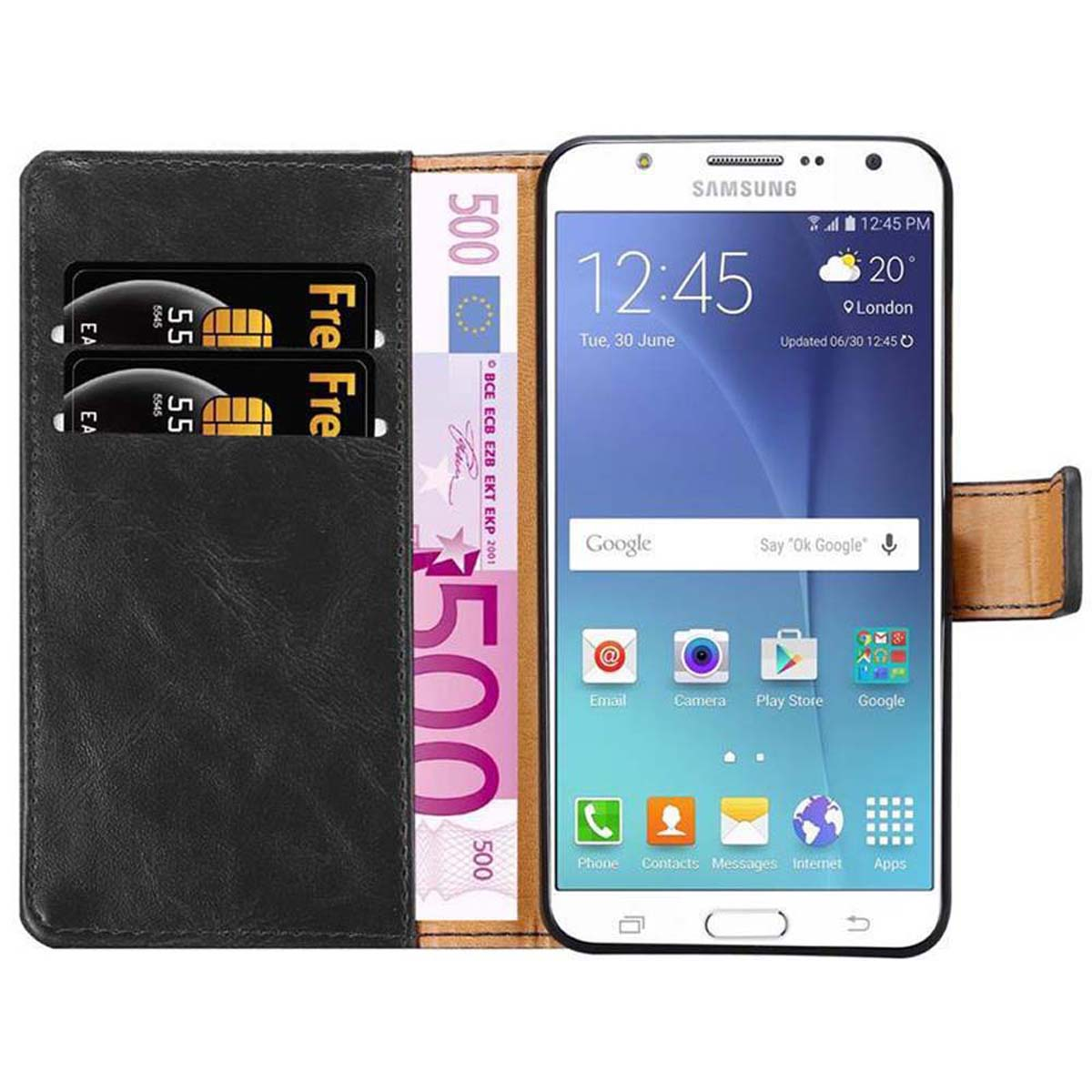 Telefono Samsung bianco in una custodia a portafoglio nera con carte di credito e banconota da 500 €. Lo schermo è acceso.