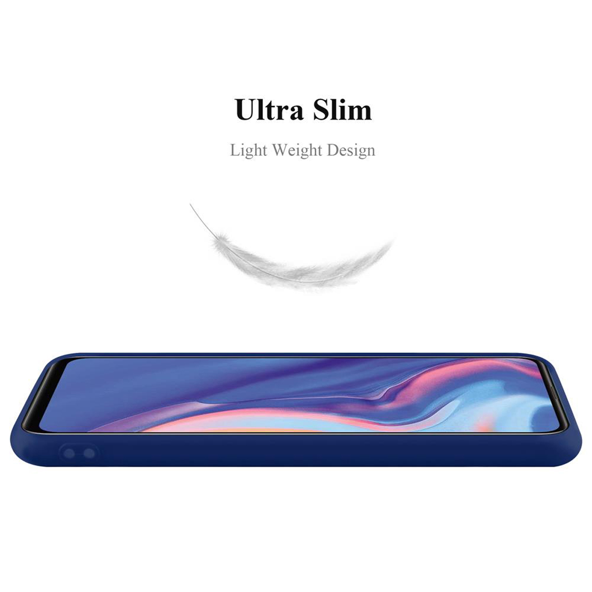 Telefono in una custodia blu con design leggero. Una piuma fluttua sopra il telefono. Sfondo bianco.