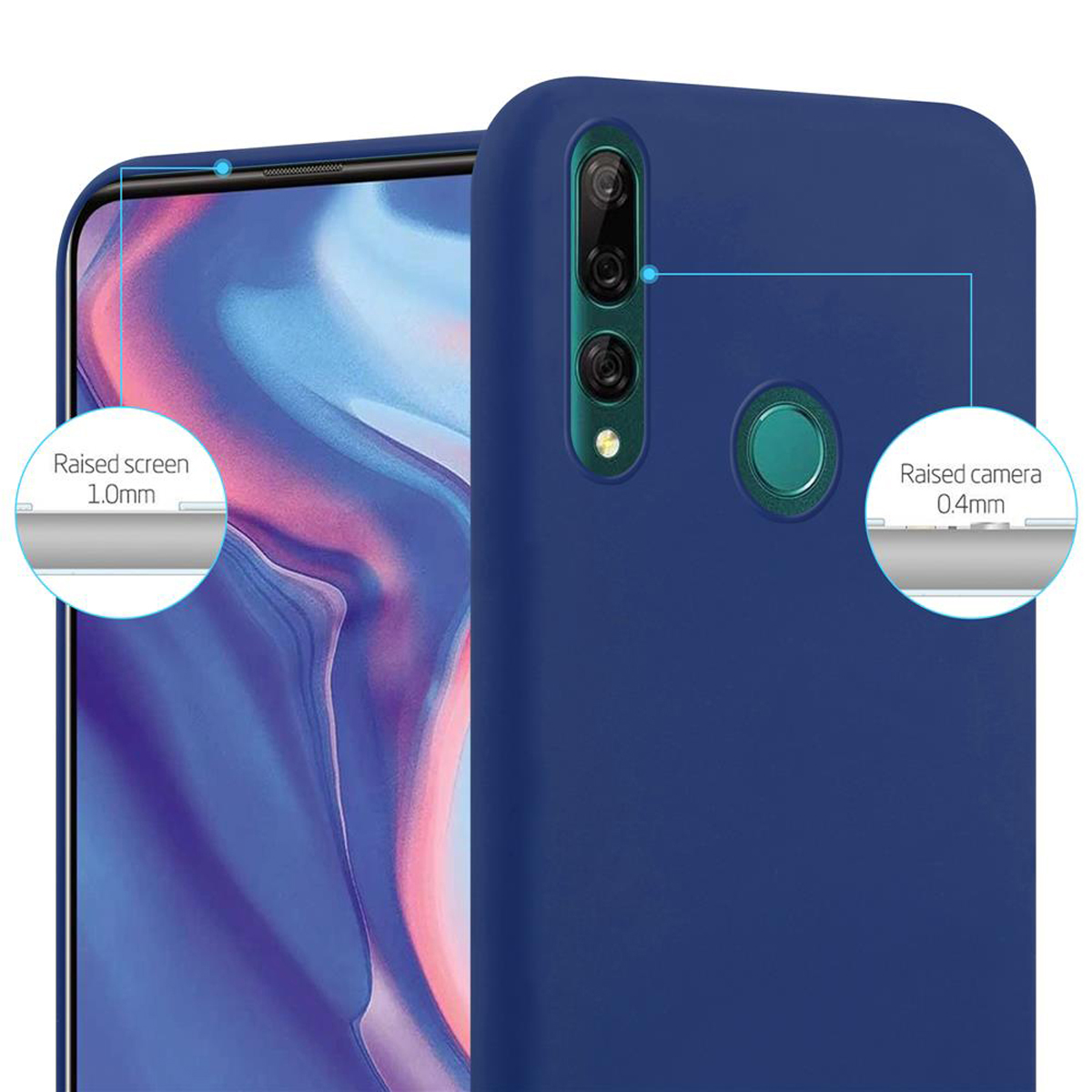 Una custodia blu con un telefono all'interno. Testo: Protezione schermo e fotocamera rialzate. Mostra diagrammi.