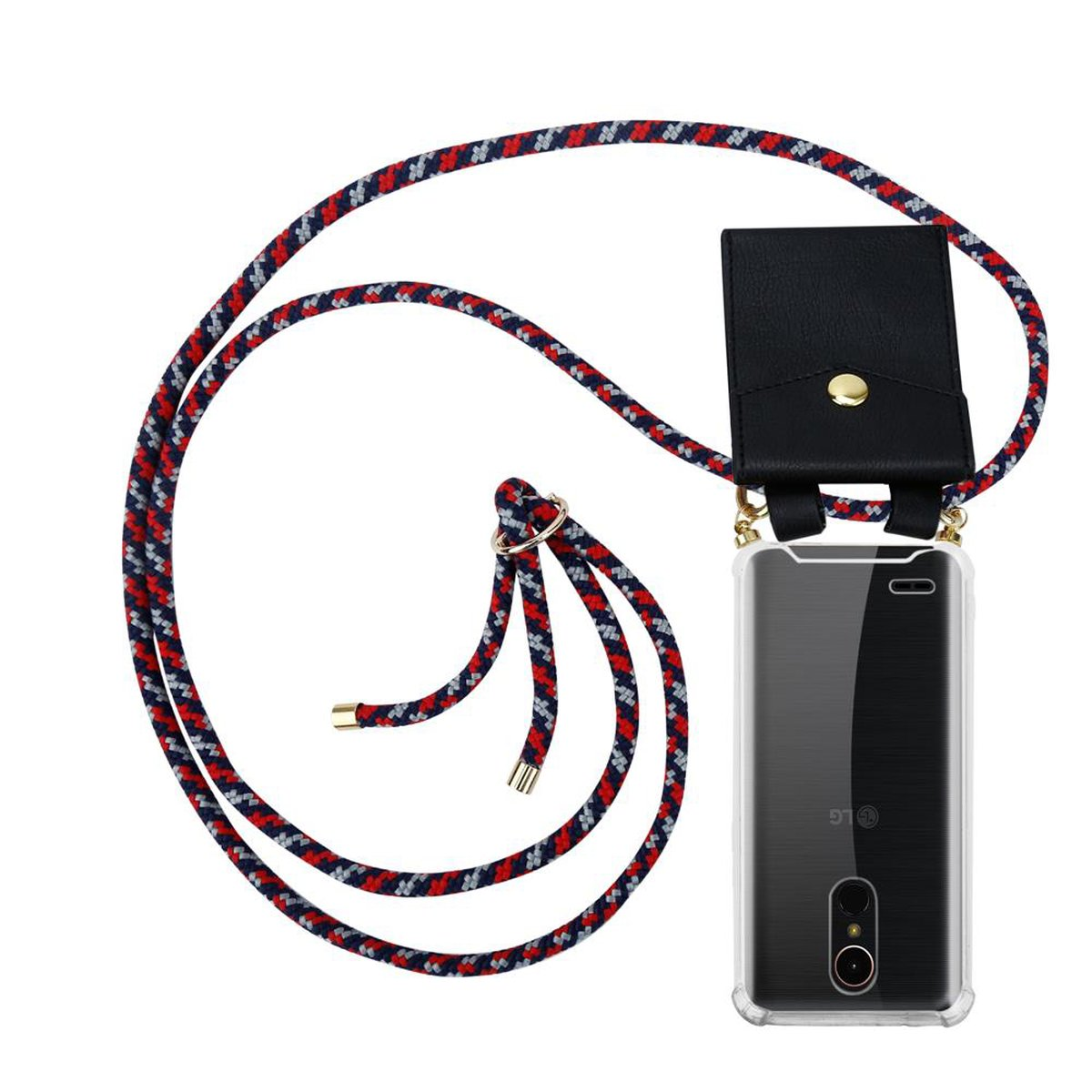 Telefon mit schwarzer Hülle und rot-weiß-blauer Kordel. Das Telefon ist in einer durchsichtigen Hülle.