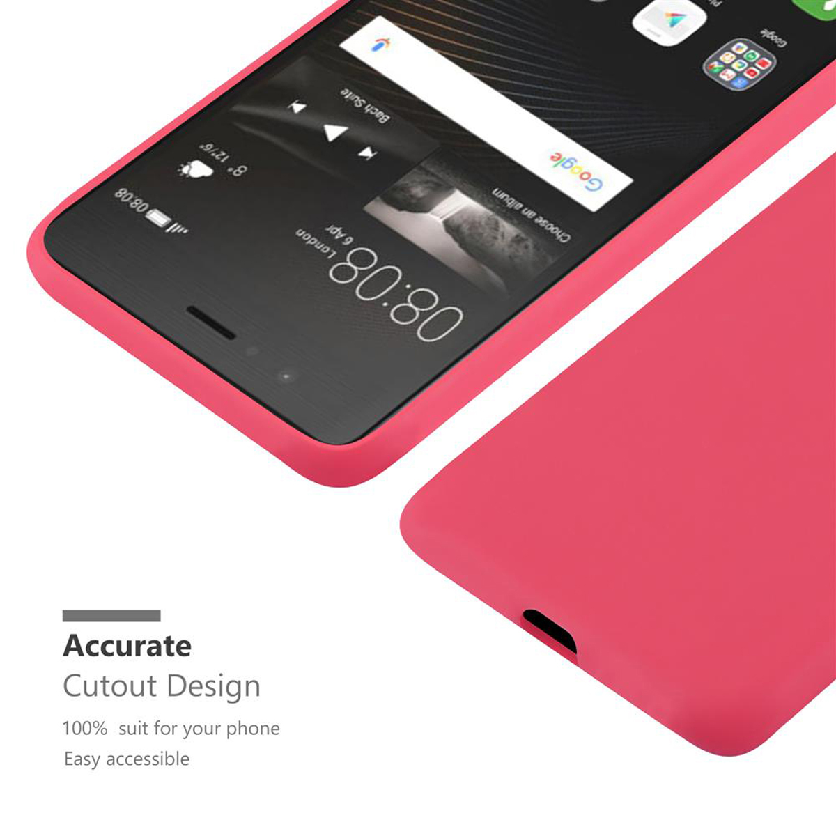 Funda de teléfono rosa con el teléfono dentro. Texto: Diseño de recorte preciso. Pantalla visible.