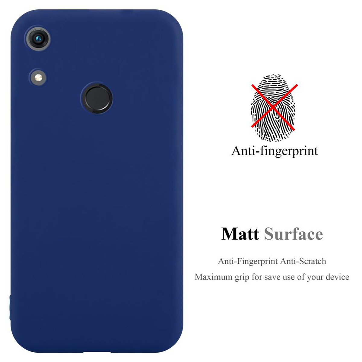 Custodia blu per telefono con testo 'Anti-fingerprint', 'Matt Surface' e impronta digitale barrata.