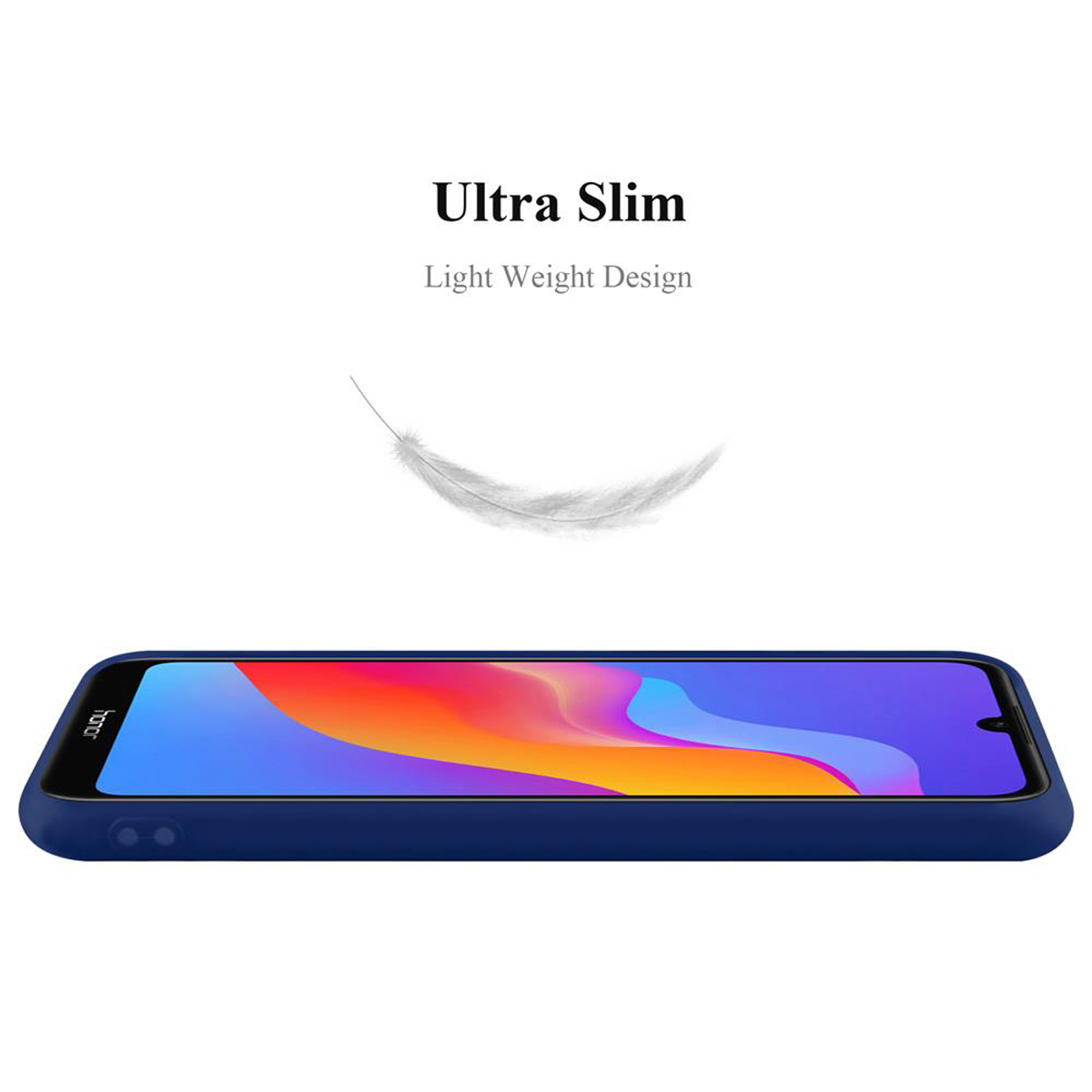 Telefono blu in custodia con testo Ultra Slim e piuma fluttuante.
