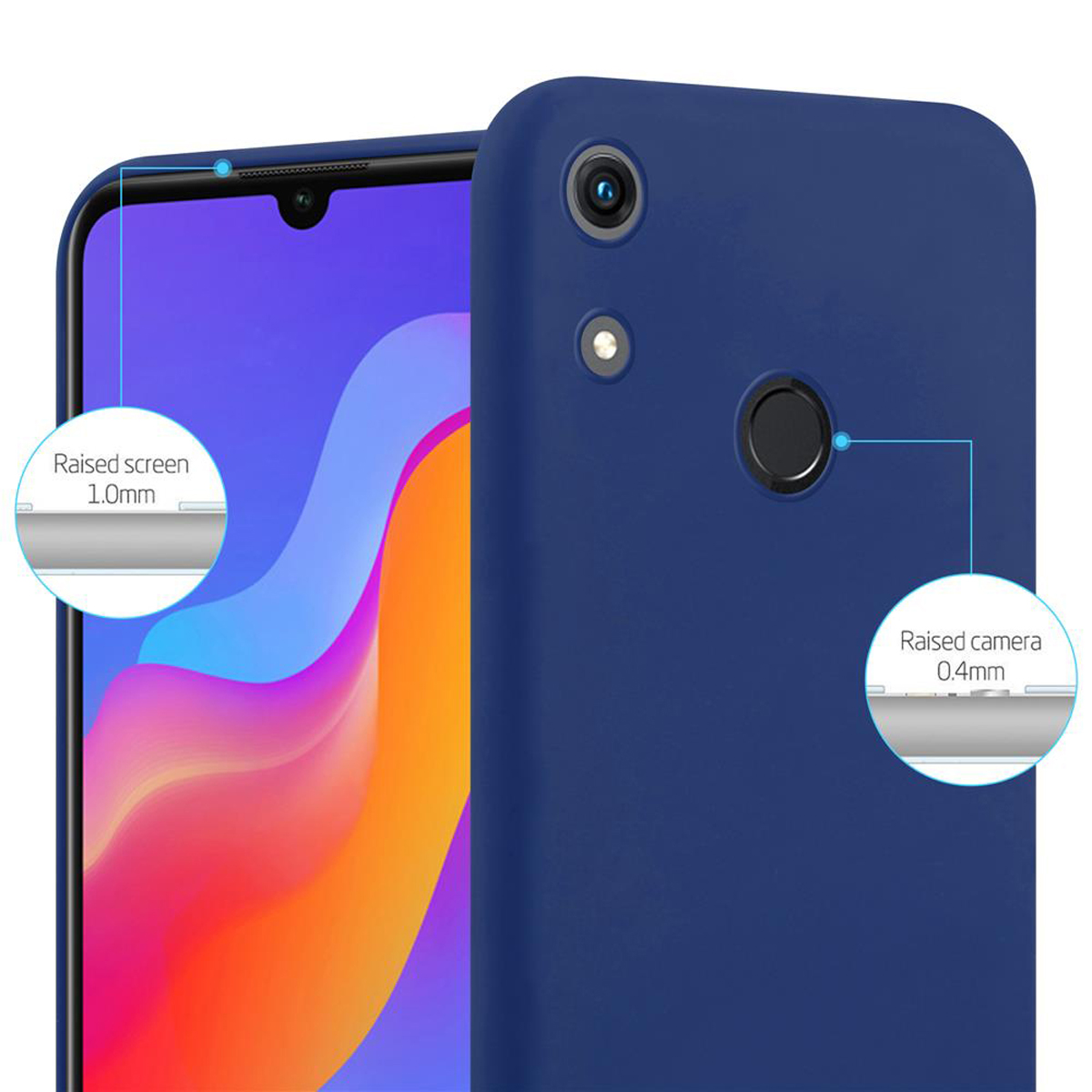 Custodia blu per telefono con schermo e fotocamera rialzati. Il telefono è blu navy. Ci sono diagrammi.