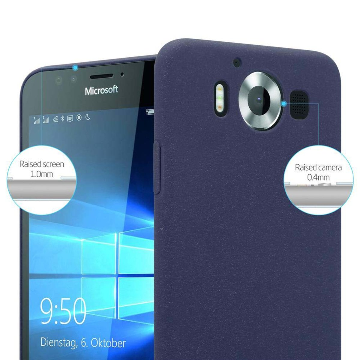 Un telefono blu scuro con una custodia. La vista ingrandita mostra le aree rialzate dello schermo e della fotocamera.