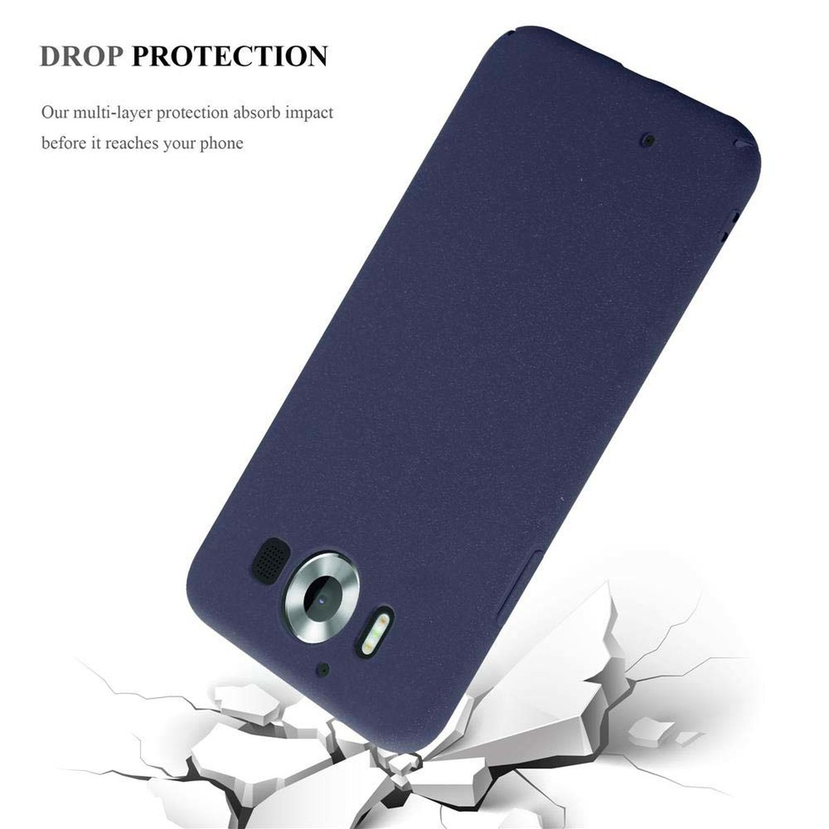 Custodia blu navy con un telefono all'interno. Custodia su una superficie bianca, con una superficie incrinata sotto.