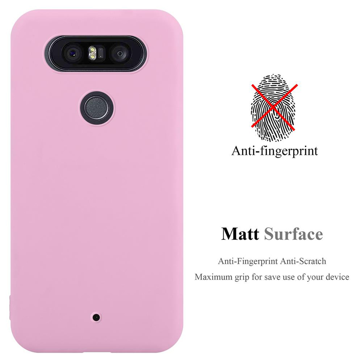 Rosa Handyhülle mit einem Telefon darauf. Der Text lautet Anti-Fingerabdruck und matte Oberfläche.
