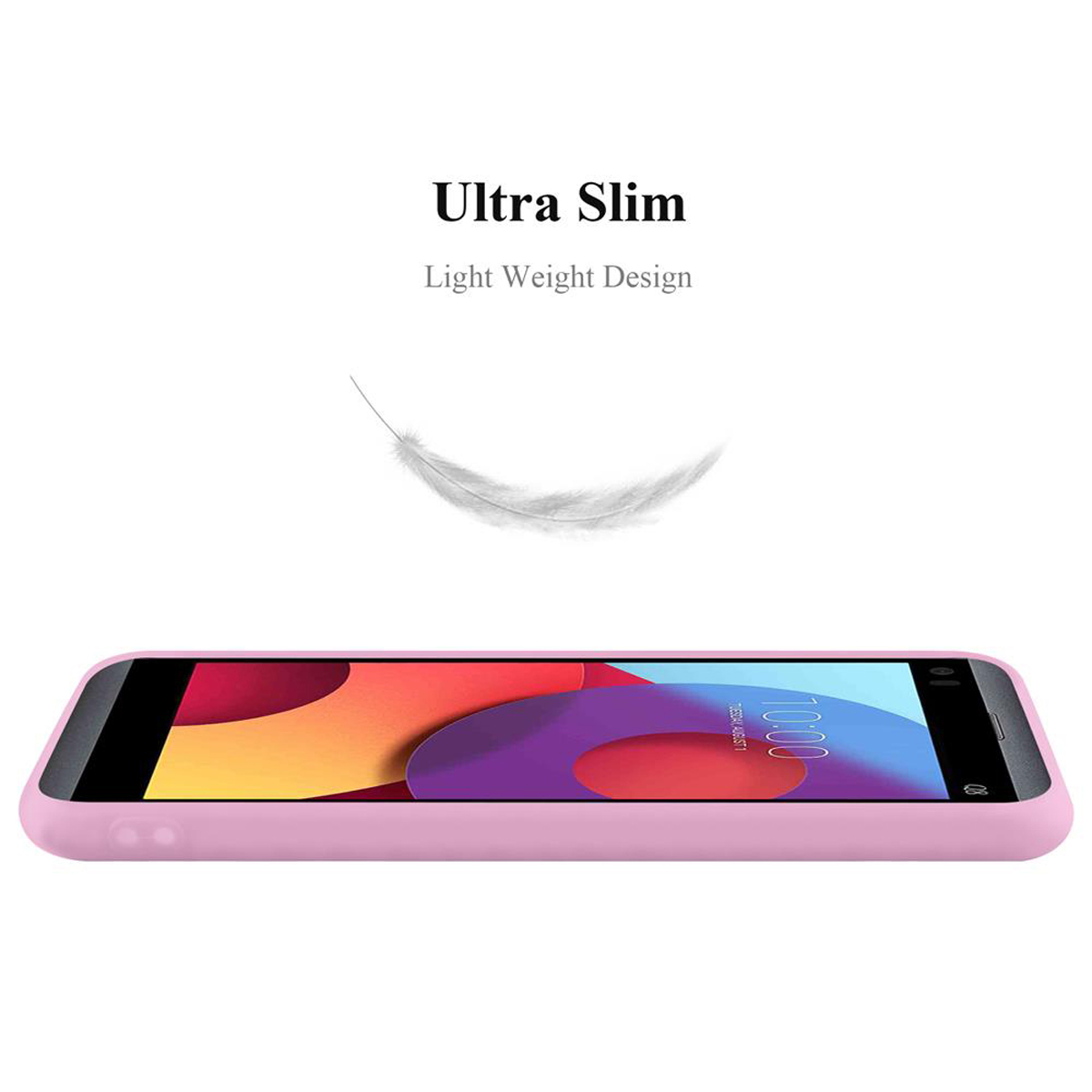 Eine rosa Handyhülle mit Handy, eine schwebende Feder und der Text 'Ultra Slim'.