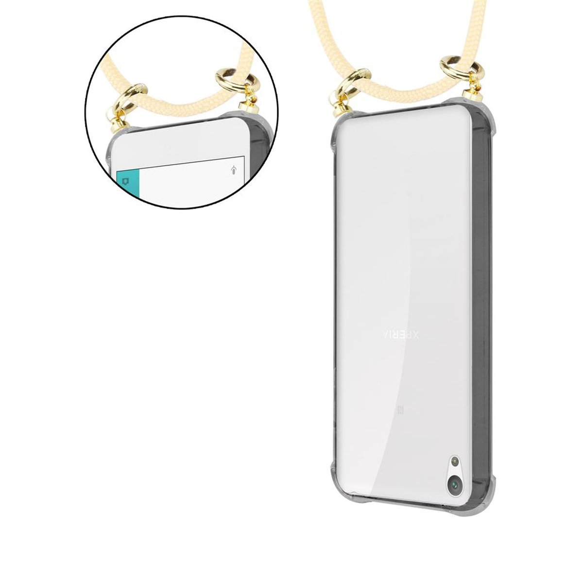 CADORABO Handy Kette mit Gold BEIGE abnehmbarer und Sony, CREME Backcover, Kordel Band Hülle, E5, Ringen, Xperia