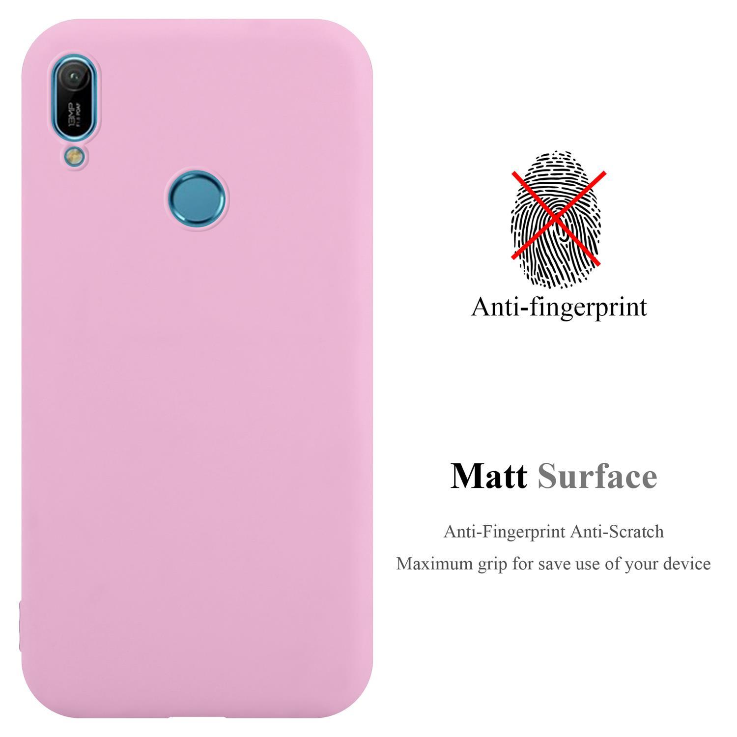 Una custodia per telefono rosa con obiettivo della fotocamera e design anti-impronta. Il testo dice 'Matt Surface'.