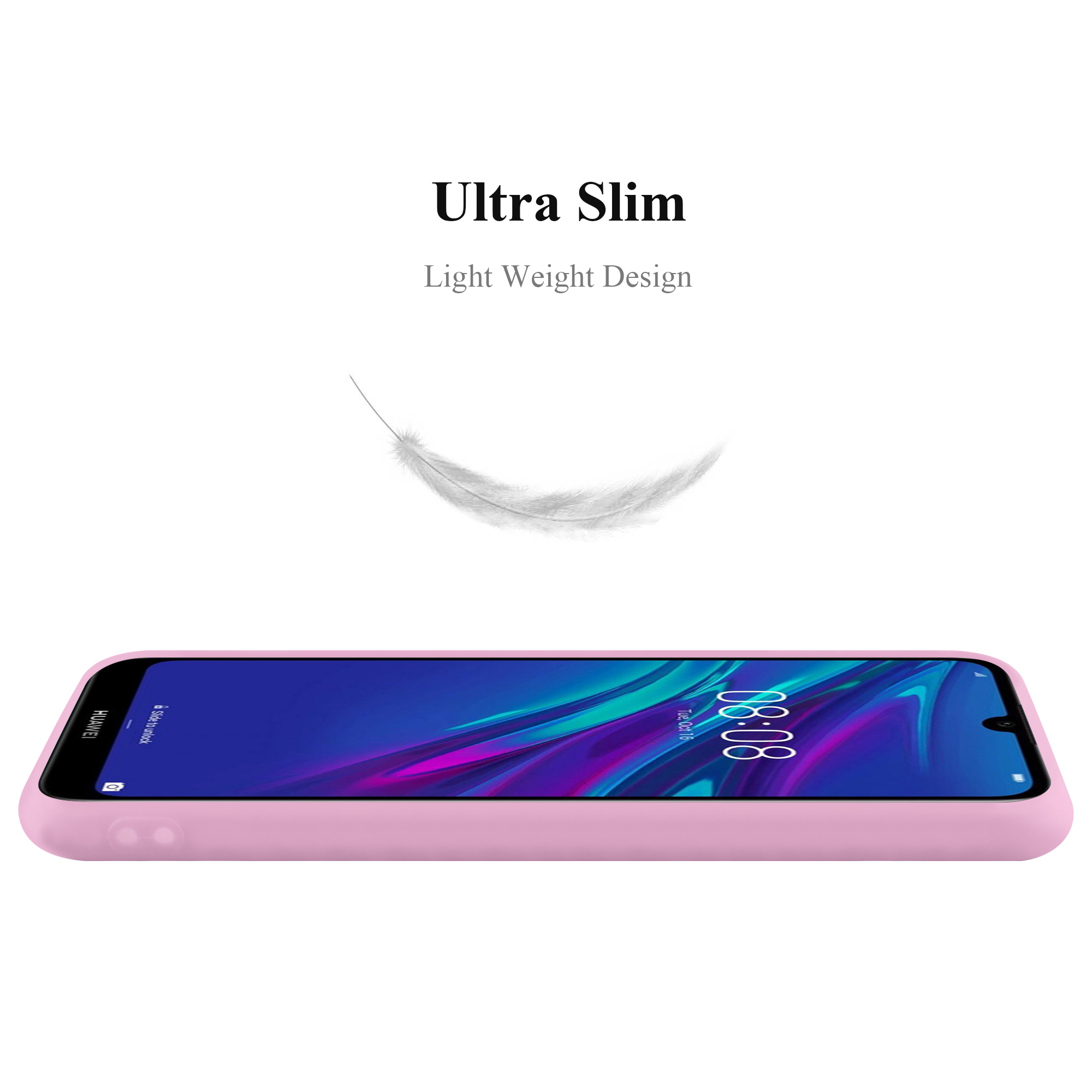 Viene mostrata una custodia rosa per telefono. Lo schermo del telefono mostra l'ora e una piuma leggera che fluttua.