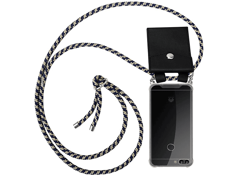 CADORABO Handy Kette mit Silber Ringen, Kordel Band und abnehmbarer Hülle, Backcover, Huawei, P SMART 2018 / Enjoy 7S, DUNKELBLAU GELB