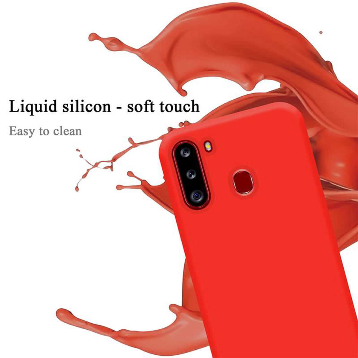 Rote Handyhülle mit Kamera und rotem Flüssigkeitsspritzer, Kameradetails.