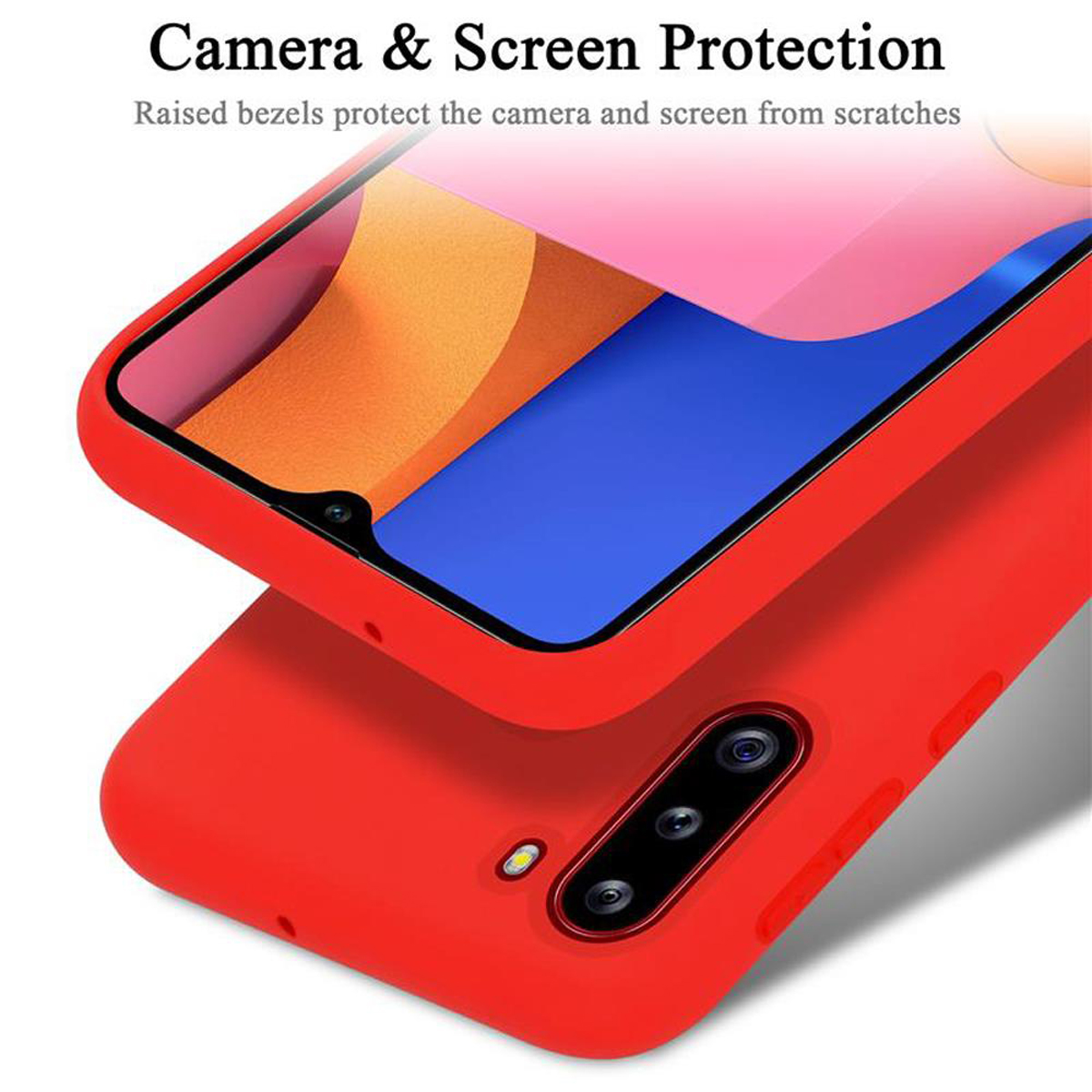 Rote Handyhülle, Telefon mit Bildschirm, weißer Hintergrund. Text: Camera & Screen Protection.