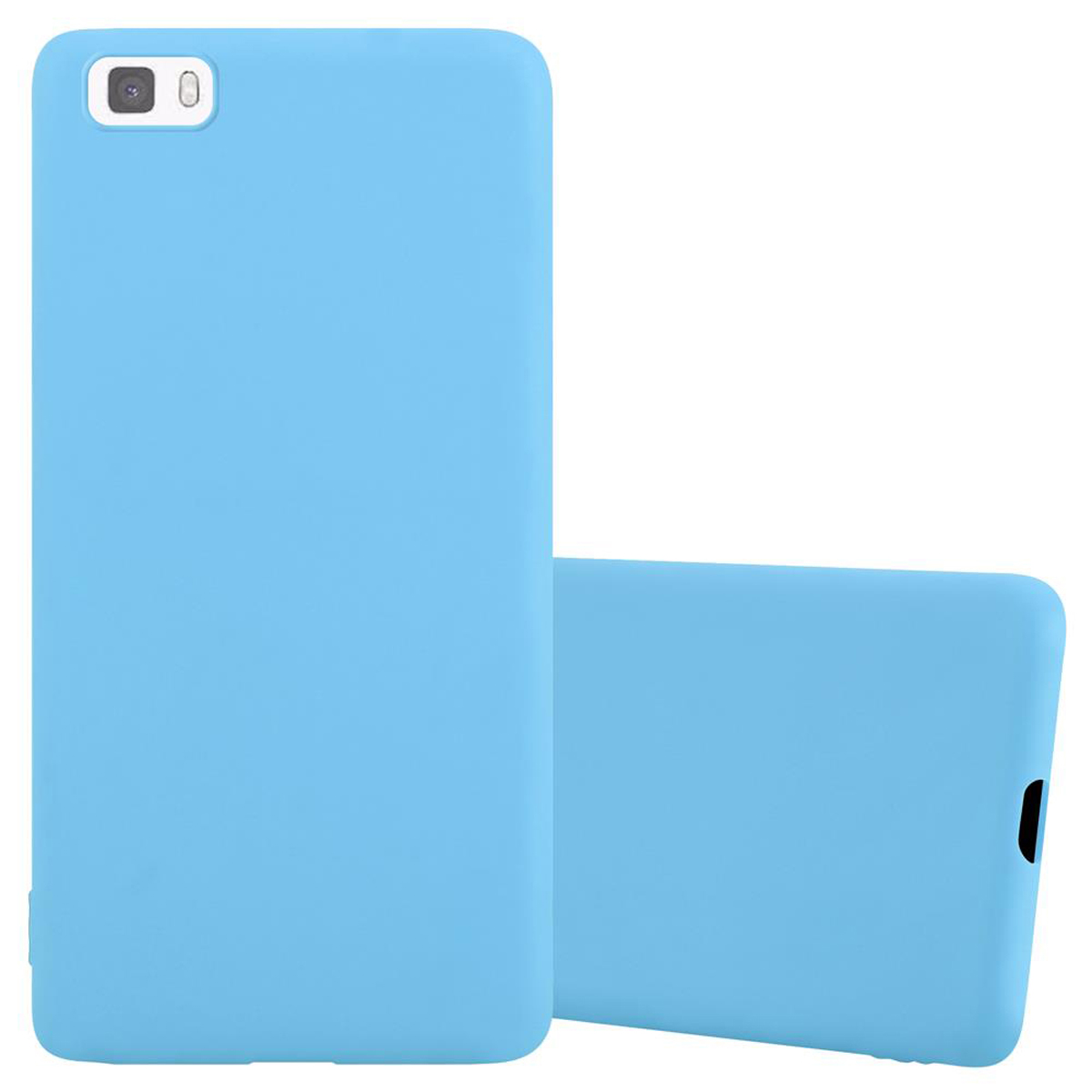 Funda de teléfono azul claro. La parte trasera del teléfono es visible. El teléfono está de lado.