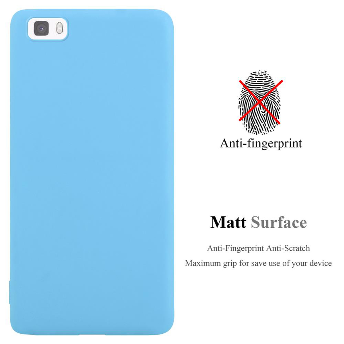 Una funda de teléfono azul claro sobre un fondo blanco. El texto dice 'Anti-fingerprint' y 'Matt Surface'.