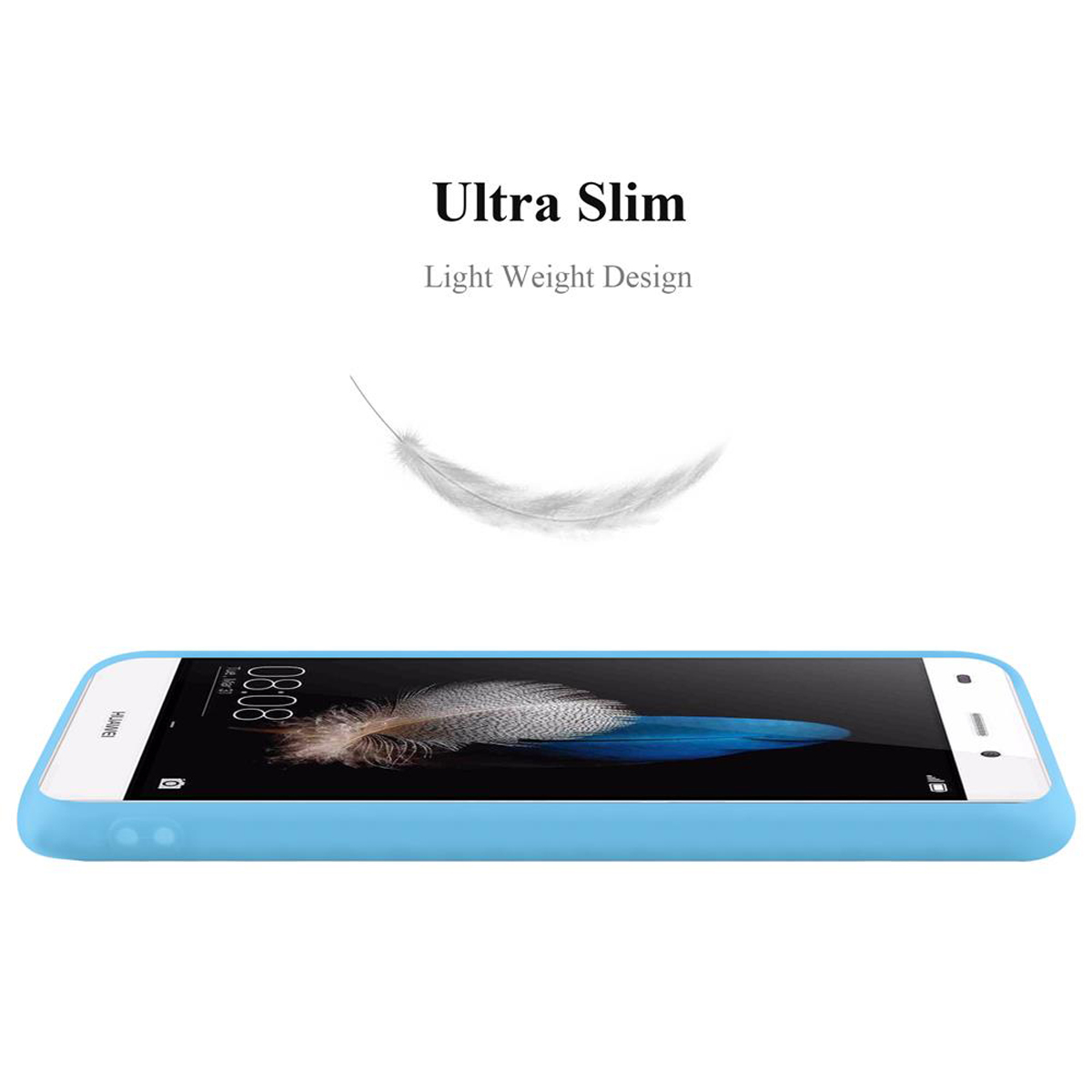 Funda de teléfono azul claro. Texto: Diseño ultradelgado y ligero. Una pluma blanca flota sobre el teléfono.