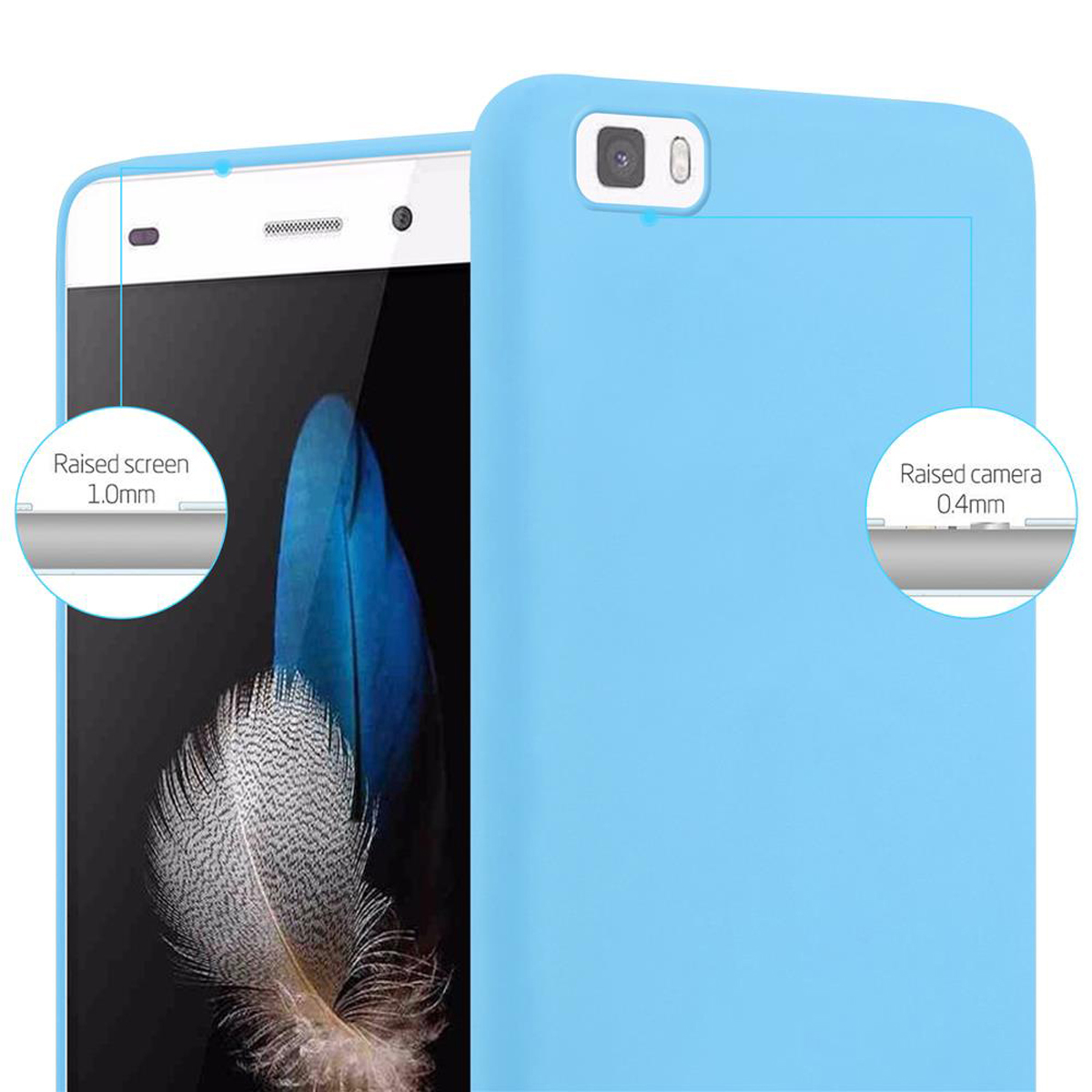 Funda de teléfono azul claro con texto que indica protección de pantalla y cámara elevadas.