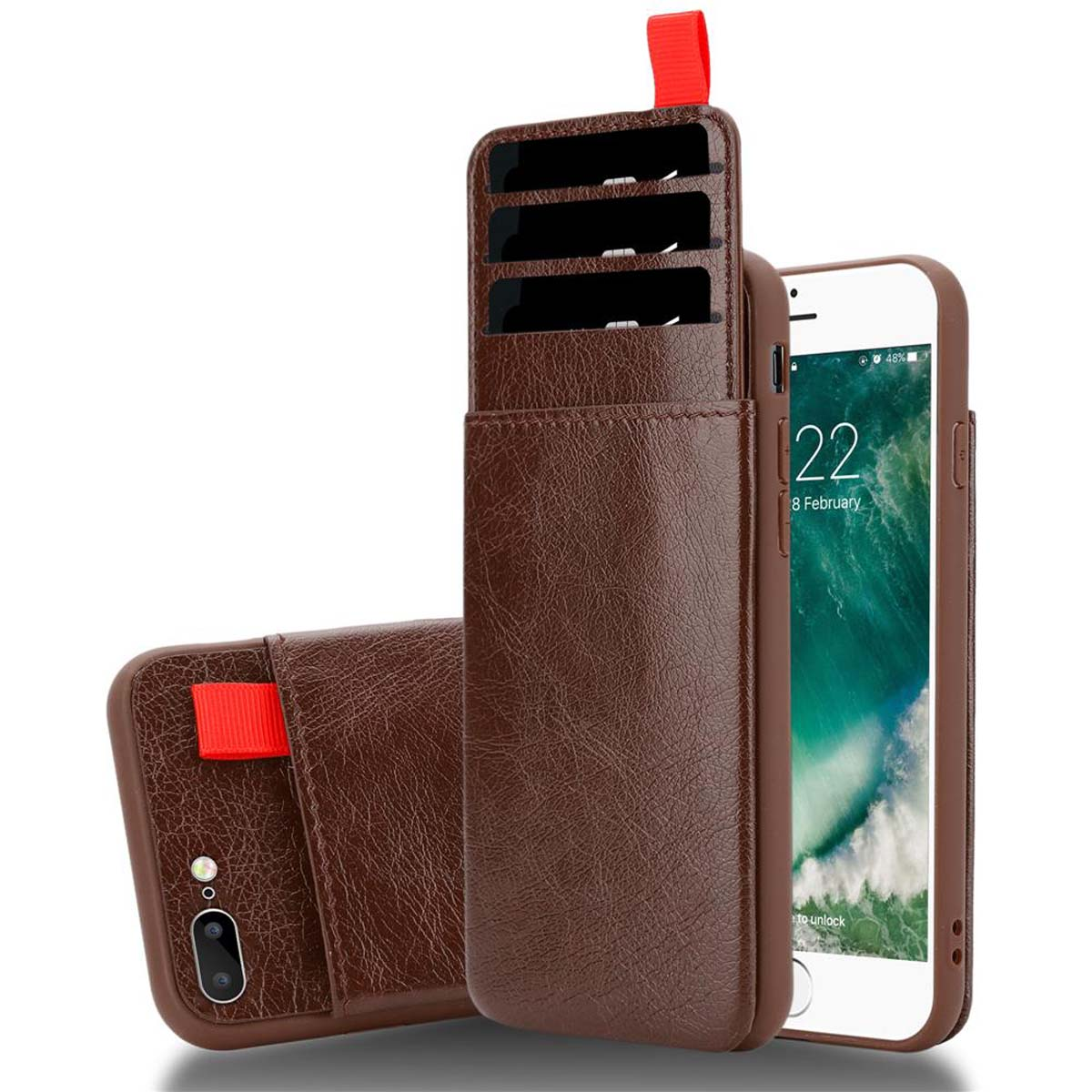 Funda de teléfono marrón con tarjetas y un lazo rojo. Hay un teléfono dentro.