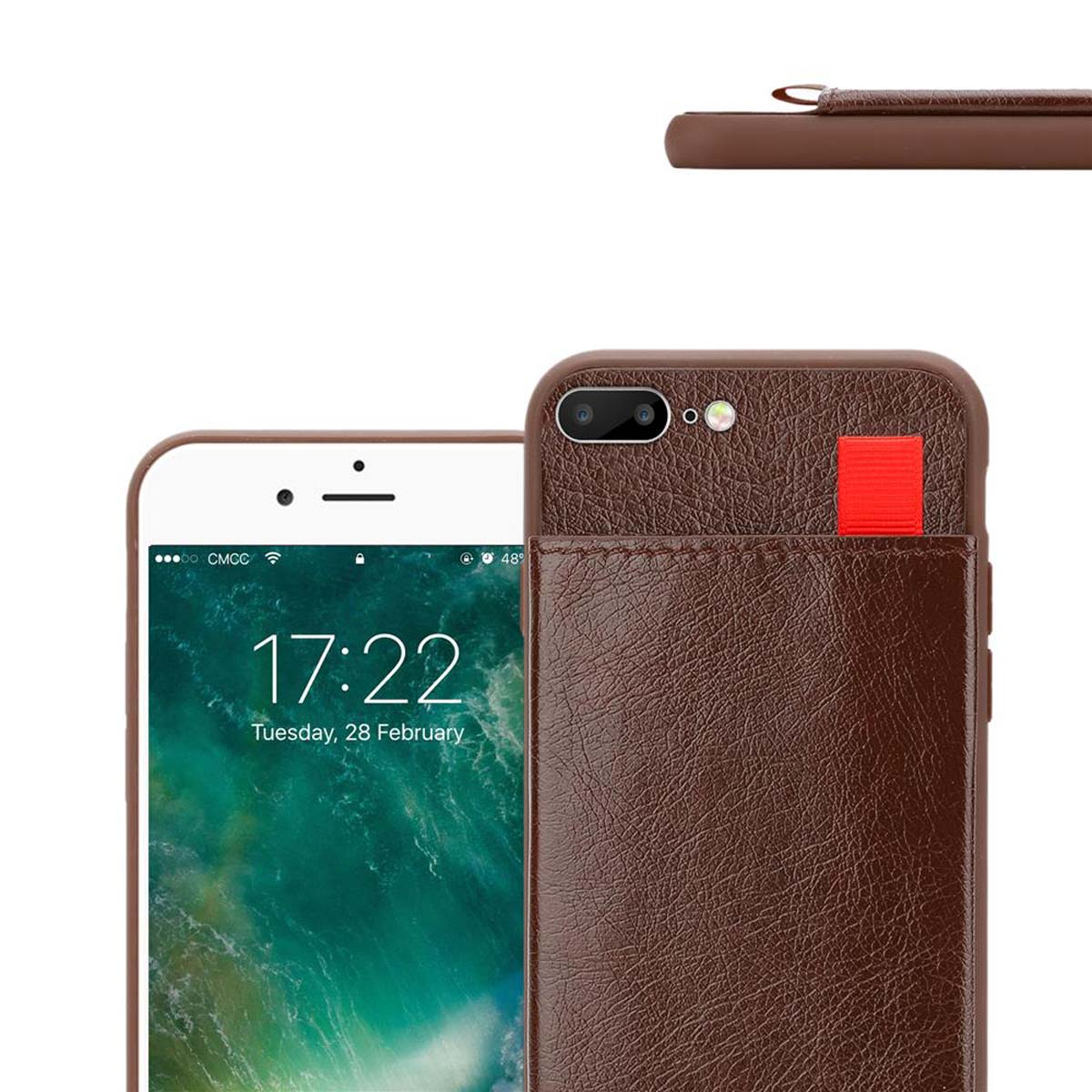 Una funda de teléfono marrón con pantalla. La funda tiene una pestaña roja.