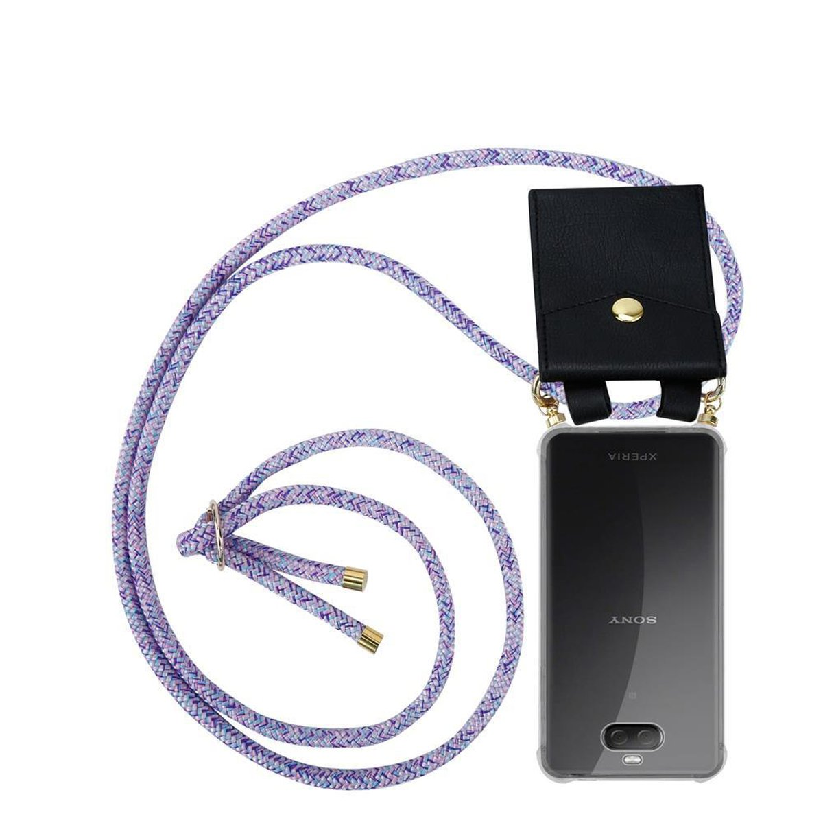 Telefon mit durchsichtiger Hülle und schwarzer Ledertasche mit lila-weißem Seilriemen.