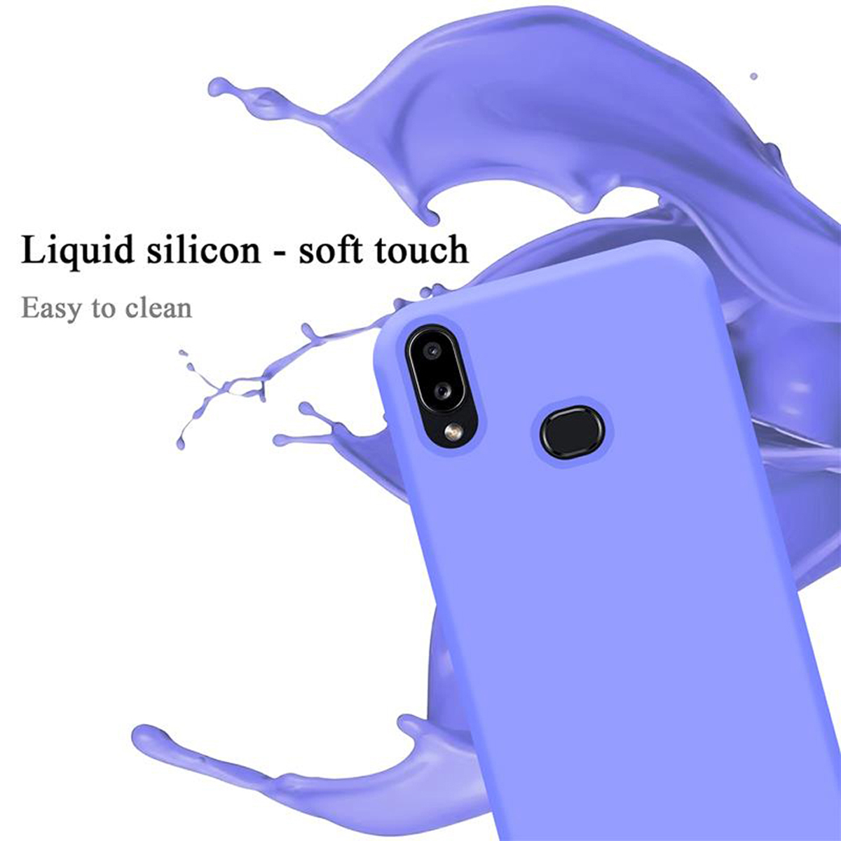 Eine lila Handyhülle mit einem lila Spritzer dahinter. Die Worte 'Liquid silicon - soft touch' sind sichtbar.