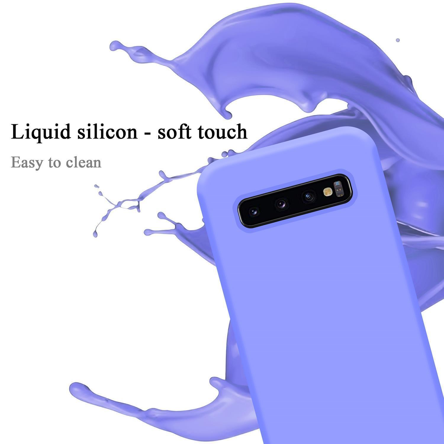 Una custodia per telefono lilla chiaro con un telefono all'interno. La custodia riporta le parole Silicone liquido - tocco morbido.