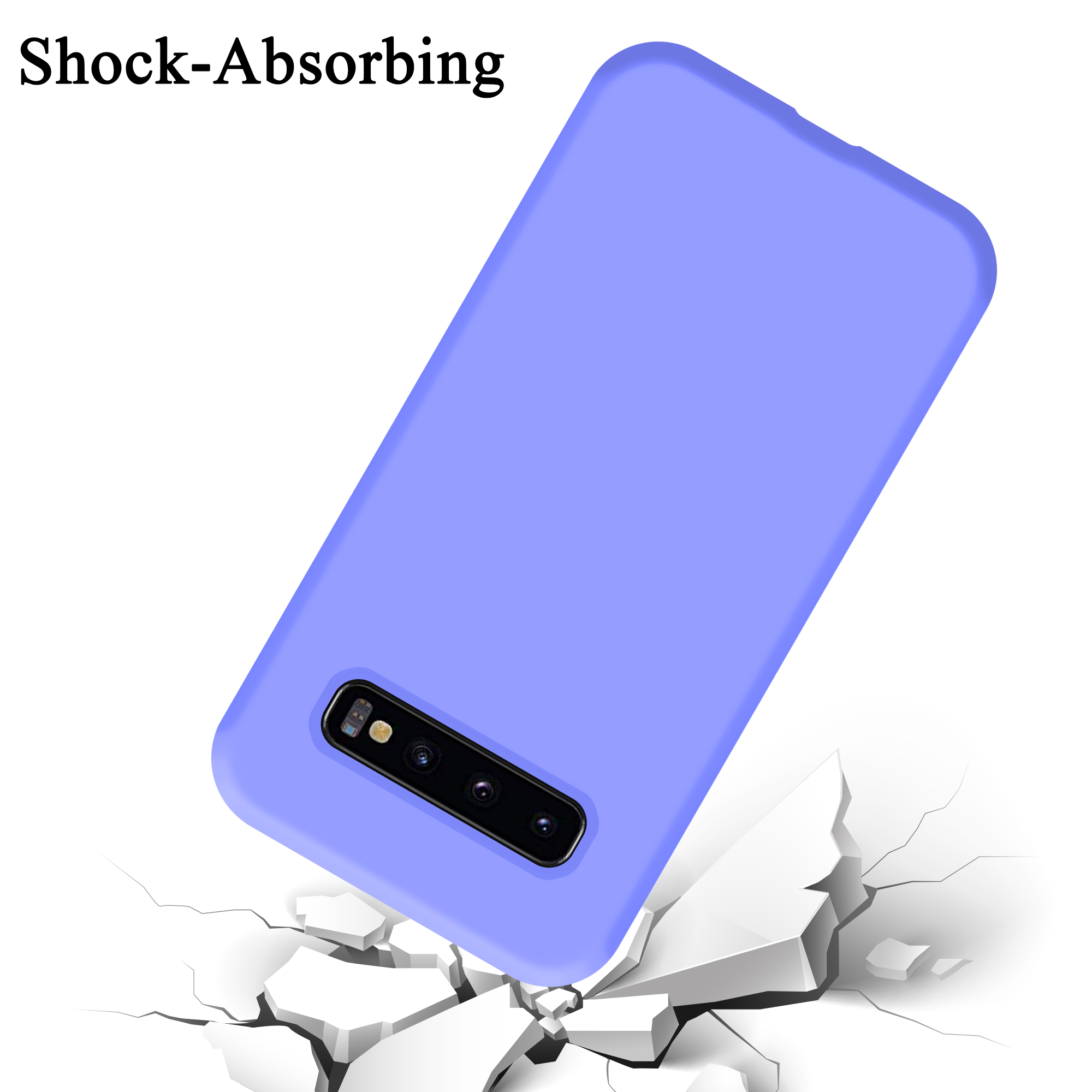 Custodia blu con telefono, che rompe il cemento, illustrando l'assorbimento degli urti.