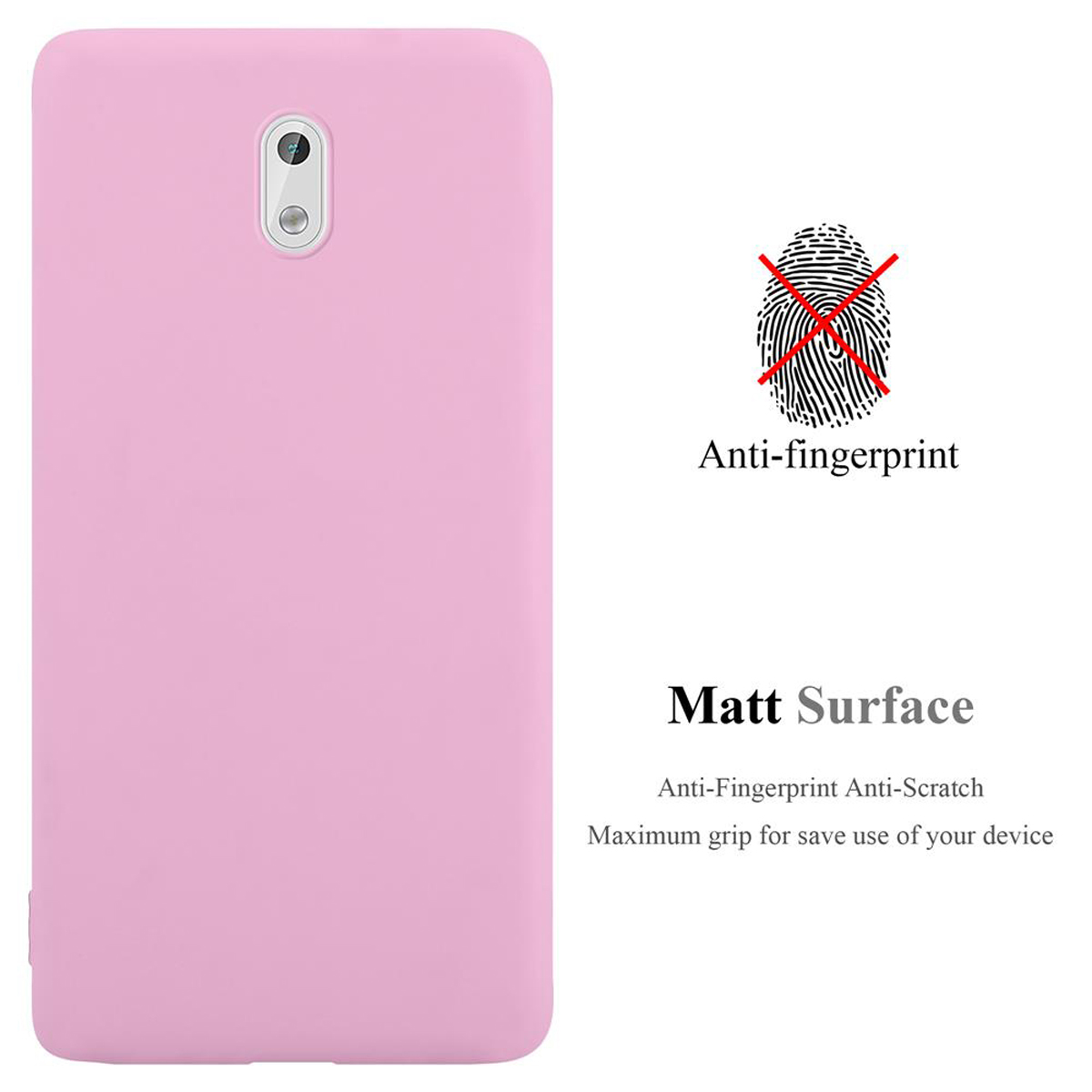 Una custodia per telefono rosa con un'icona di impronta digitale sbarrata. Il testo dice che è anti-impronta e una superficie opaca.