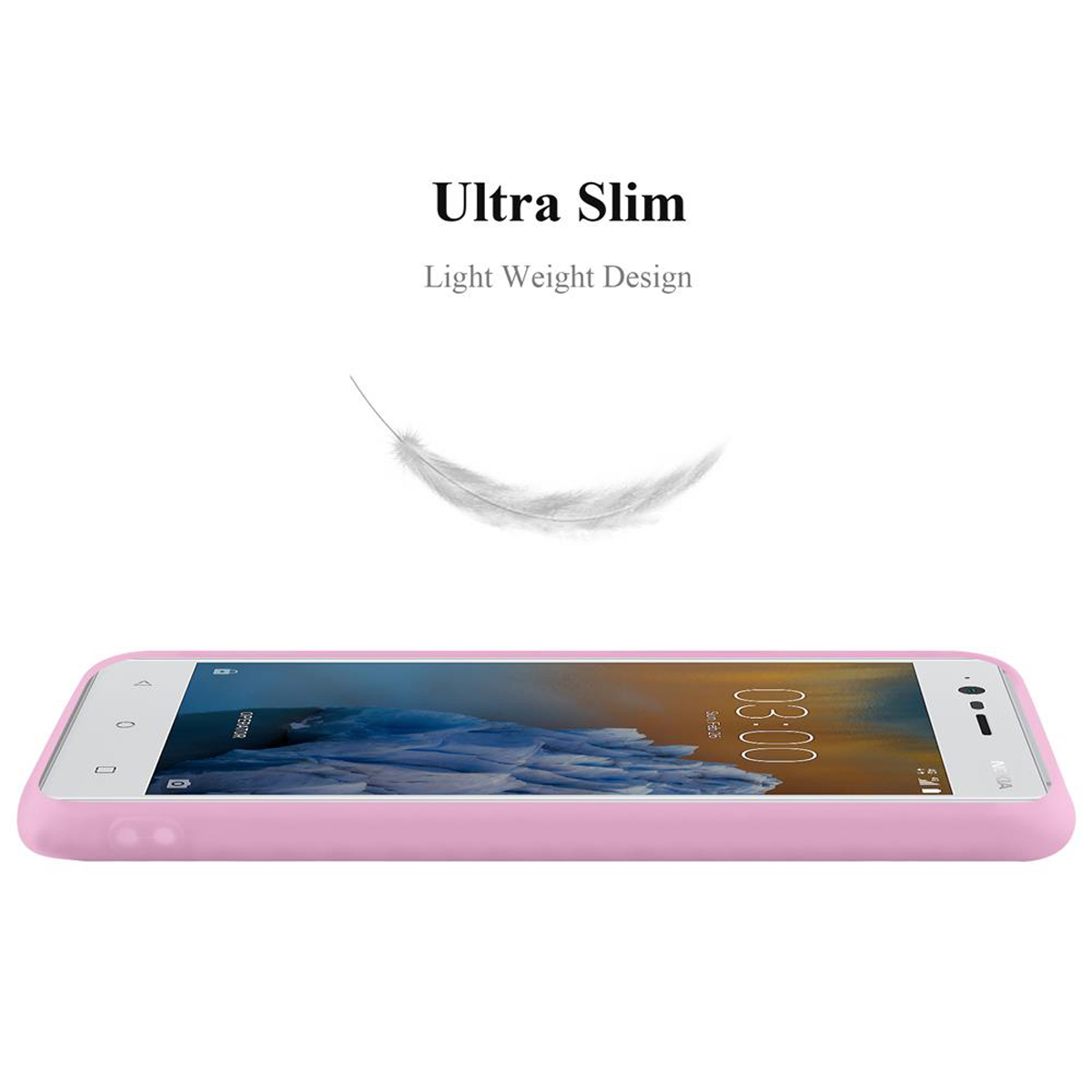 Custodia per telefono rosa con telefono all'interno. Testo: Ultra Slim. Design leggero. Una piuma bianca.