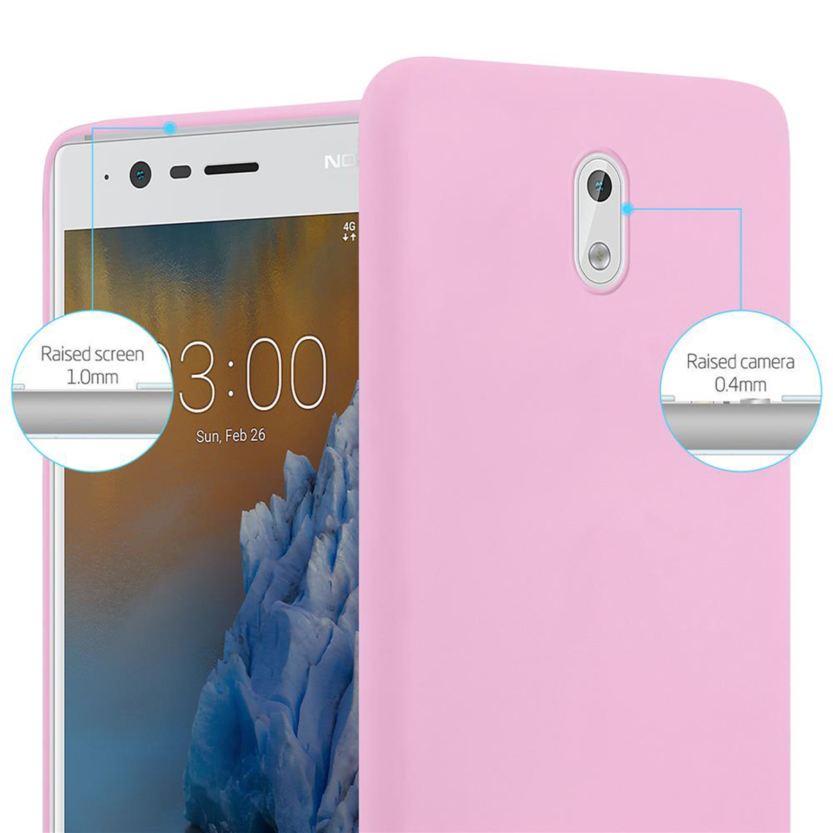 Custodia per telefono rosa con schermo e fotocamera rialzati. Ha un display digitale dell'ora.