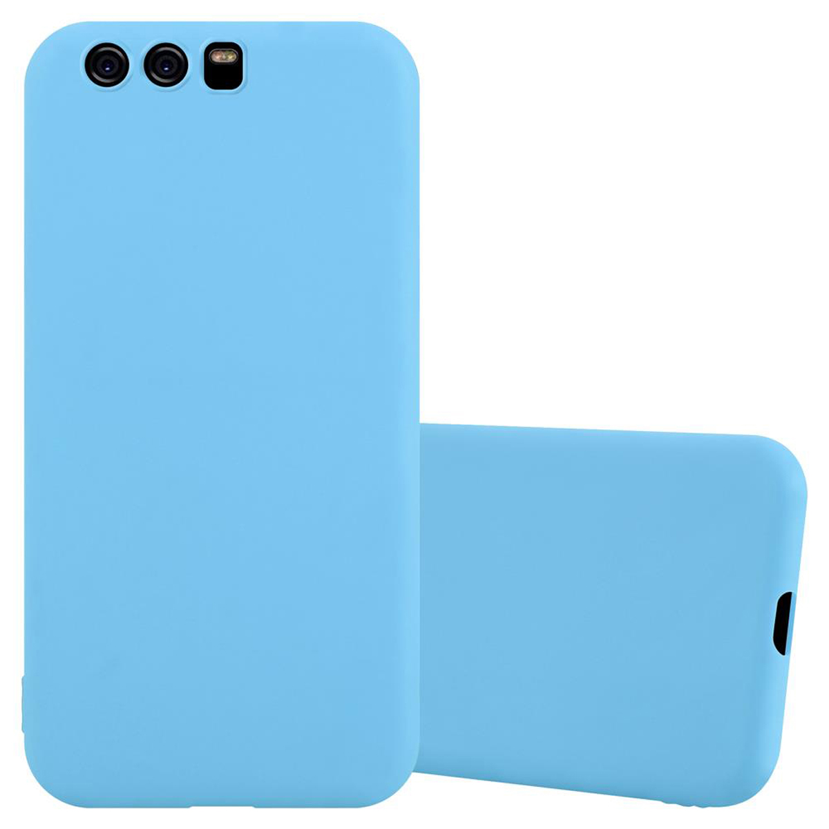 Dos fundas de teléfono azul claro. Tres cámaras arriba. Superficie lisa.